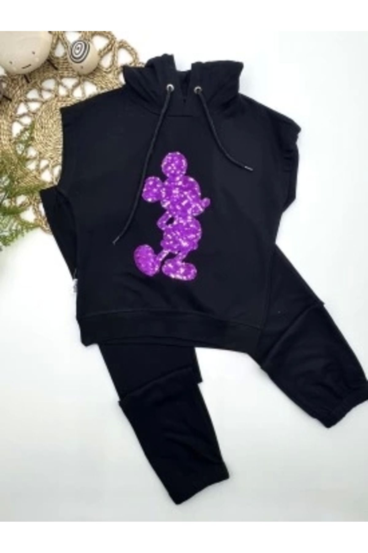 Diji Baby 3-4-5 Yaş Kapşonlu Payetli Mickey Desenli Kısa Kol 2li Kız Erkek Çocuk Takımı