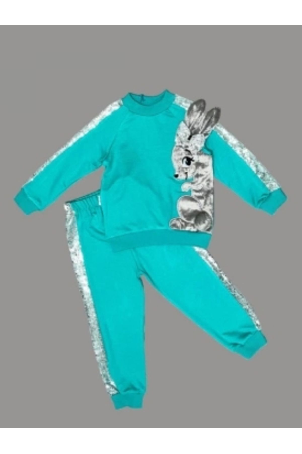 Diji Baby 1-2-3 Yaş Payetli Pelüş Tavşan Desenli Likra Penye Kumaş Sweat Pantolonlu Kız 2li Çocuk Takımı