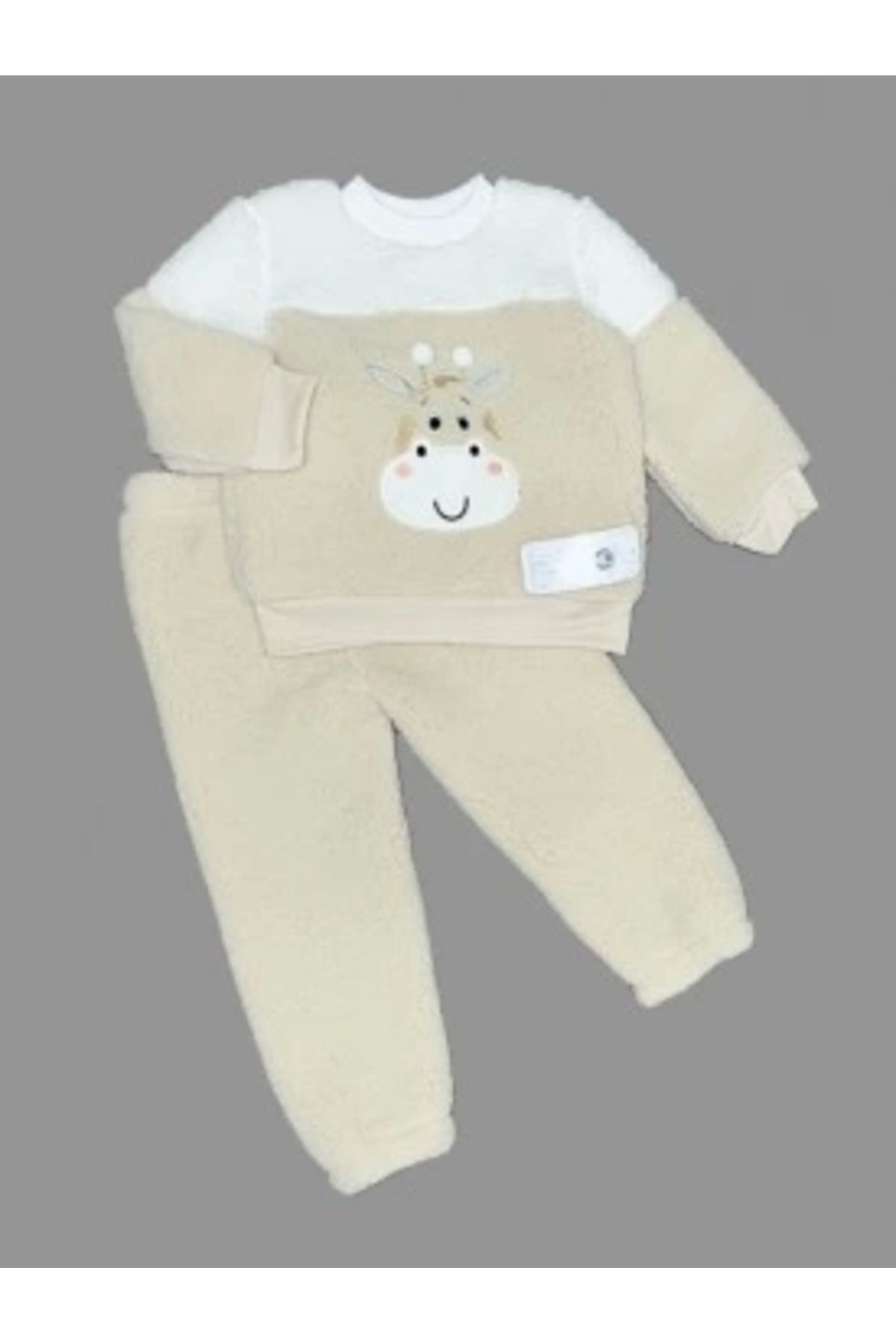 Diji Baby 1-2-3 Yaş Ponponlu Zürafa Desenli Kuzu Kumaş Uzun Kollu 2li Kız Erkek Çocuk Takımı
