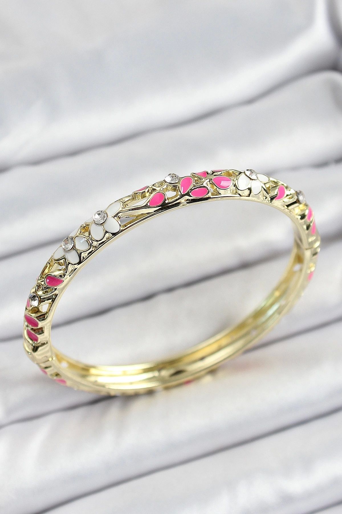 GLIMMERY Mineli Pirinç Pembe Beyaz Çiçek Motifli Kadın Kelepçe