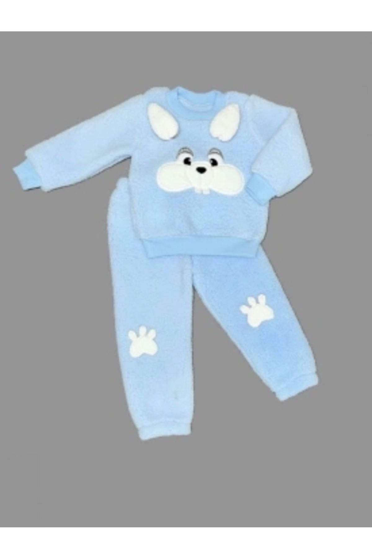 Diji Baby 1-2-3 Yaş Kulaklı Tavşan Figürlü Kuzu Kumaş Sweat Pantolon Uzun Kollu Kız Erkek 2 Li Takımı