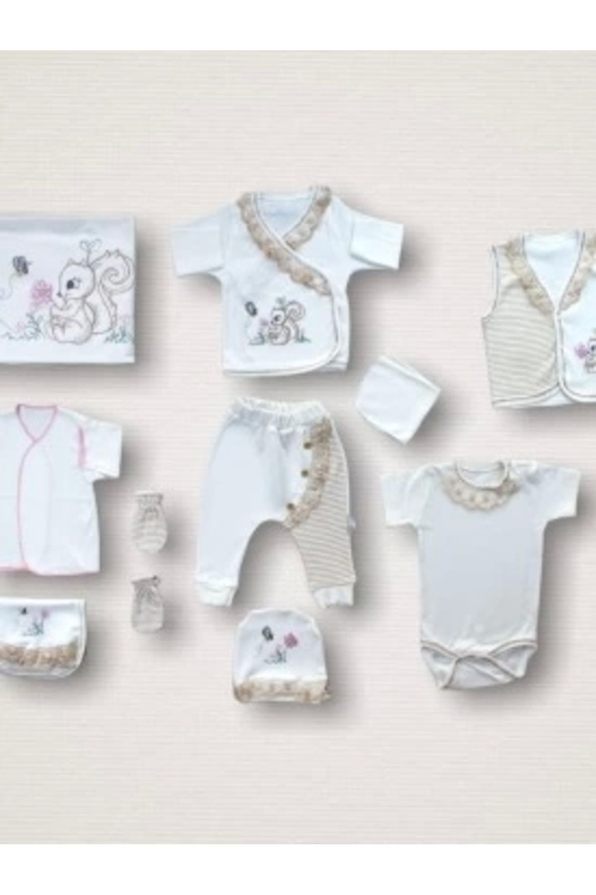 Diji Baby Minik Sincap Nakışlı %100 Cotton Antibakteriyel 10lu Zıbın Takımı Hastane Çıkışı