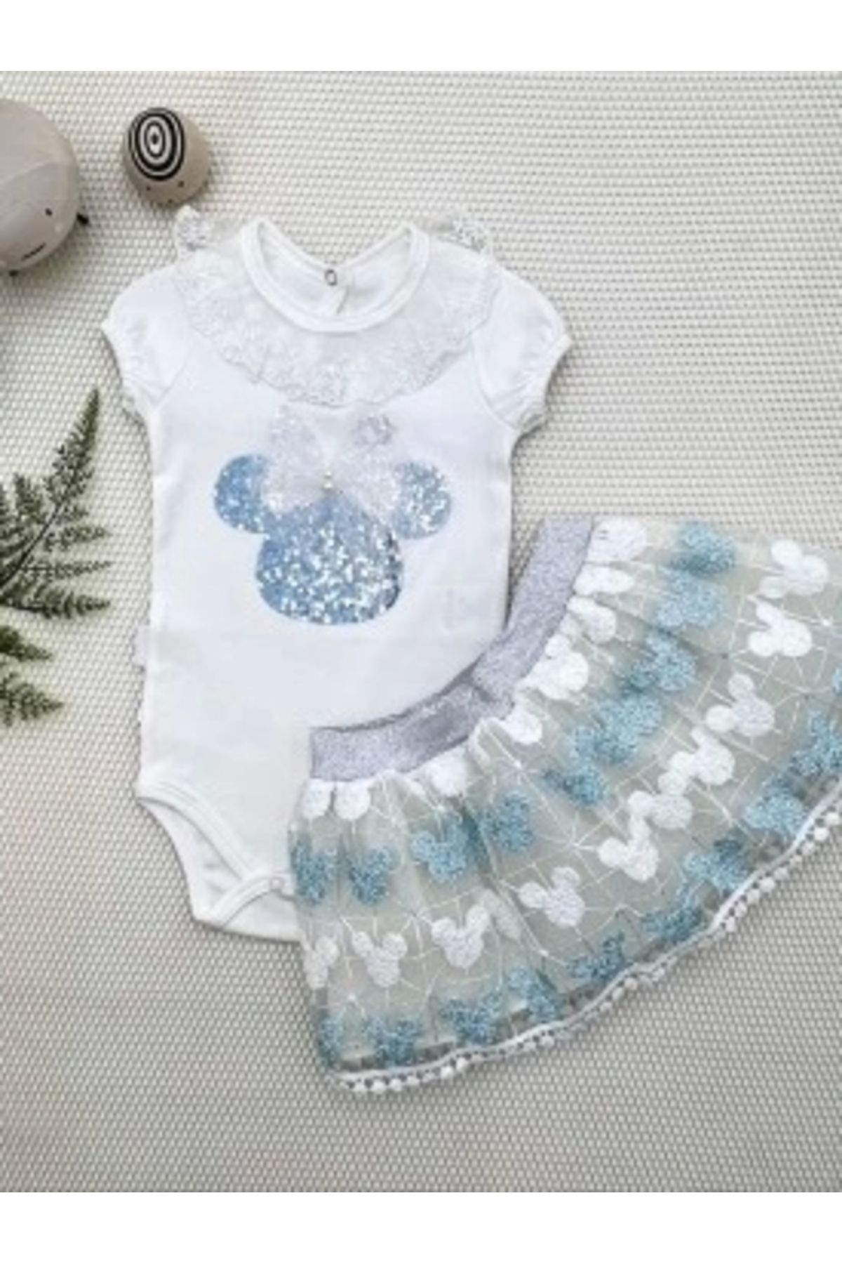 Diji Baby 1-2-3 Yaş Payetli Mickey Nakışlı Kısa Kollu Brode Etekli 2li Kız Bebek Takımı