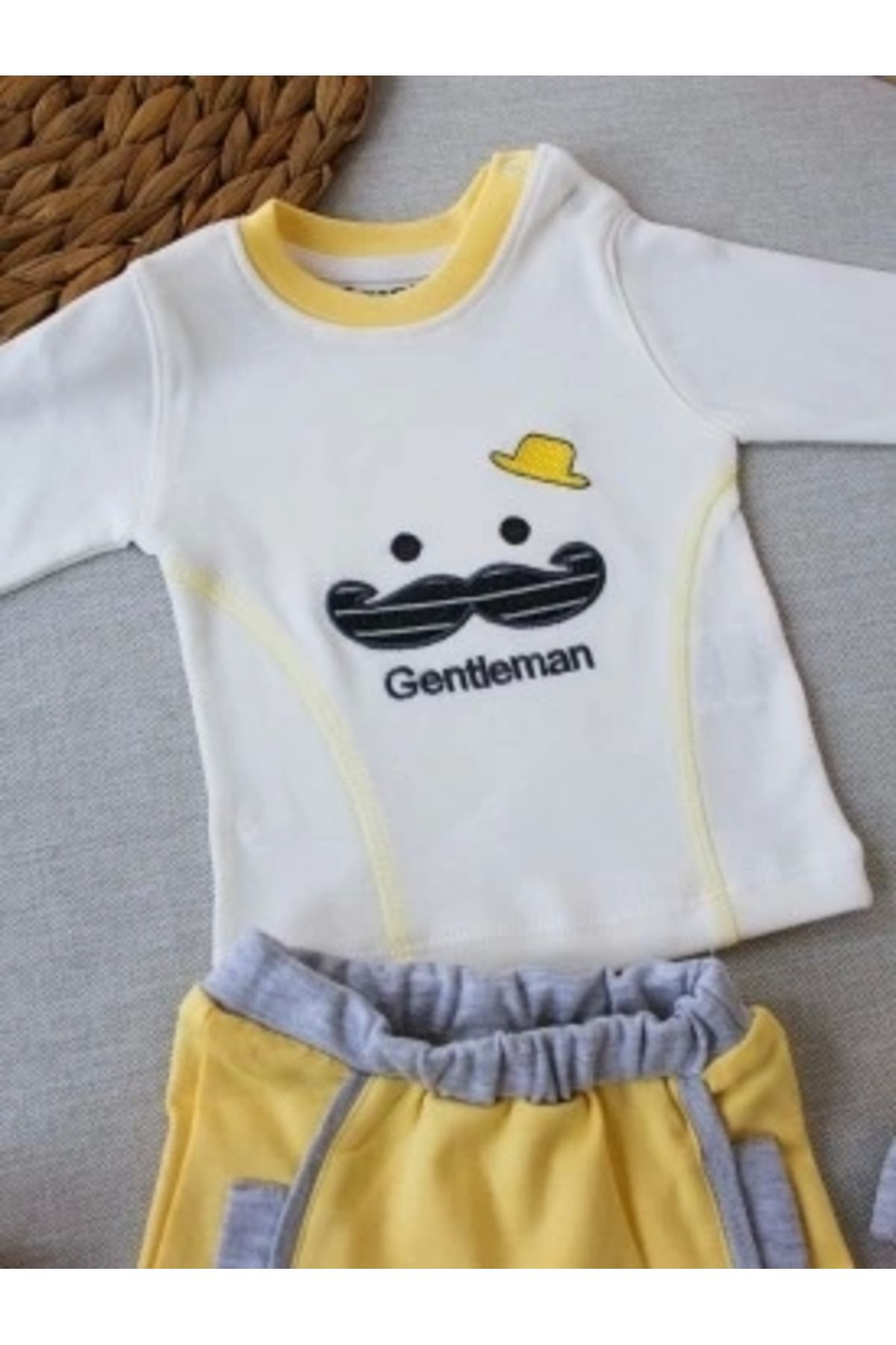 Diji Baby 3-6 6-9 9-12 Ay Gentleman Erkek Nakışlı Şapkalı Uzun Kollu Sweat 3lü Erkek Bebek Takımı