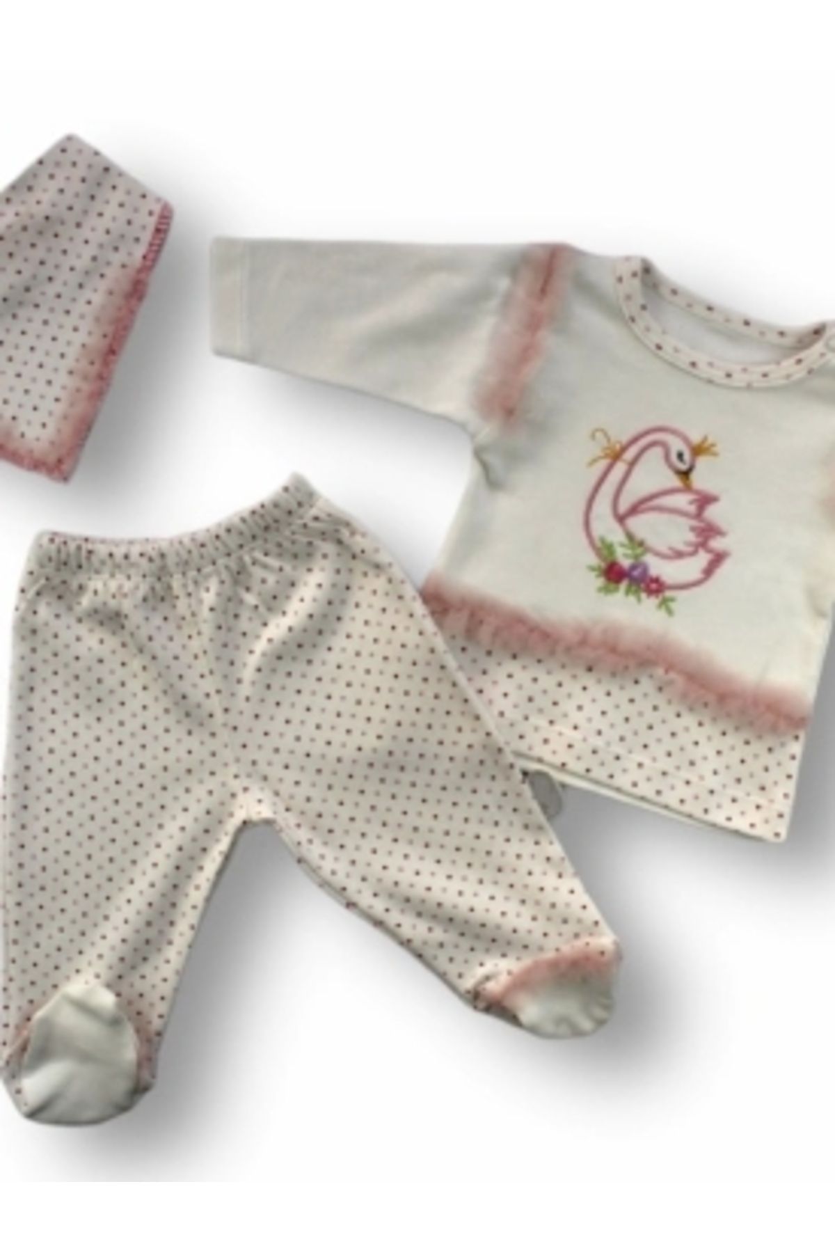 Diji Baby 3-6 6-9 9-12 Ay Kraliçe Kuğu Nakışlı Bandajlı Uzun Kollu Sweatli 3lü Kız Bebek Takımı