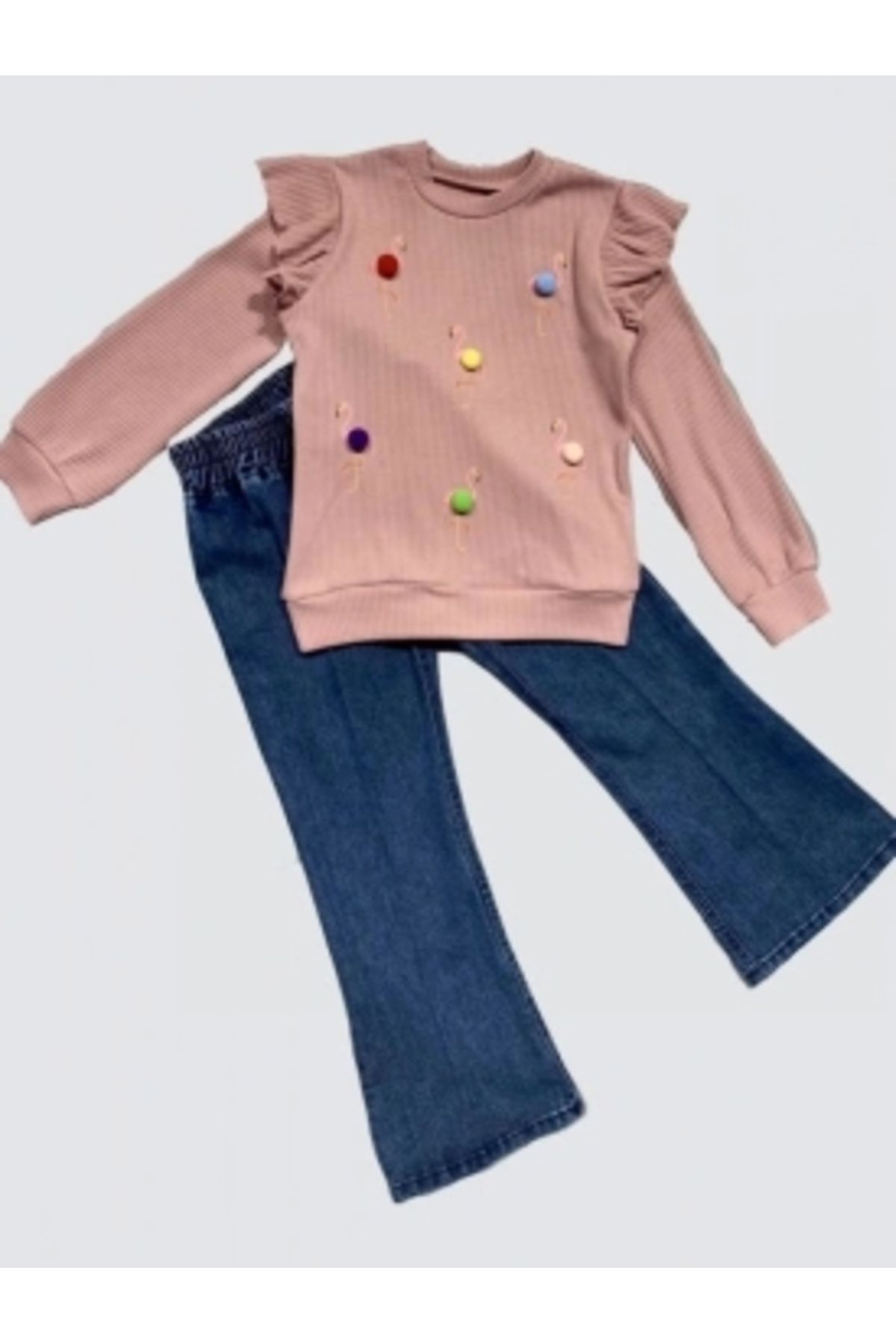 Diji Baby 4-5-6 Yaş Kot Pantolonlu Flamingo Desenli Penye Sweat Uzun Kollu 2li Kız Çocuk Takımı