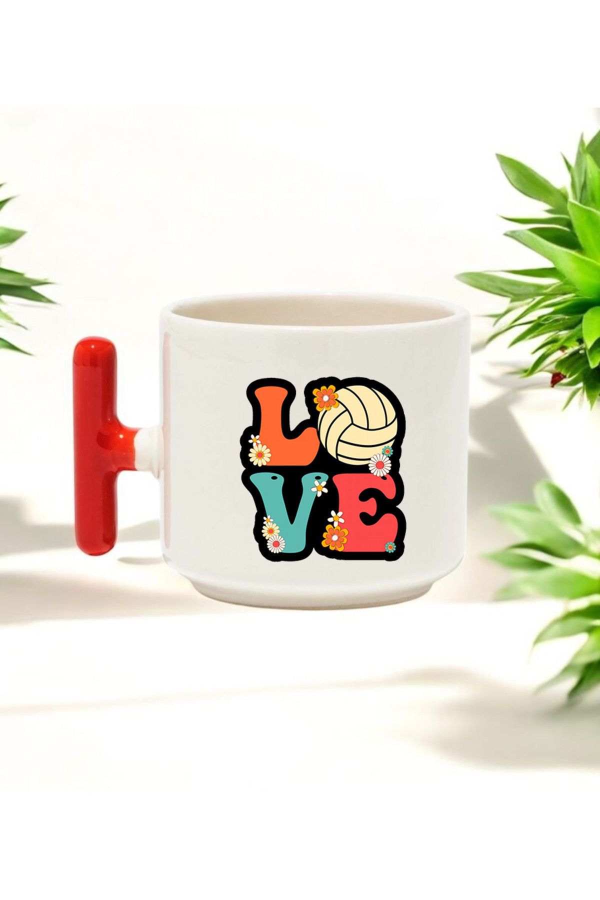 BB TRADE Love Tasarımlı Kırmızı T Kulplu Seramik Baskılı Kupa Bardak 250 ML