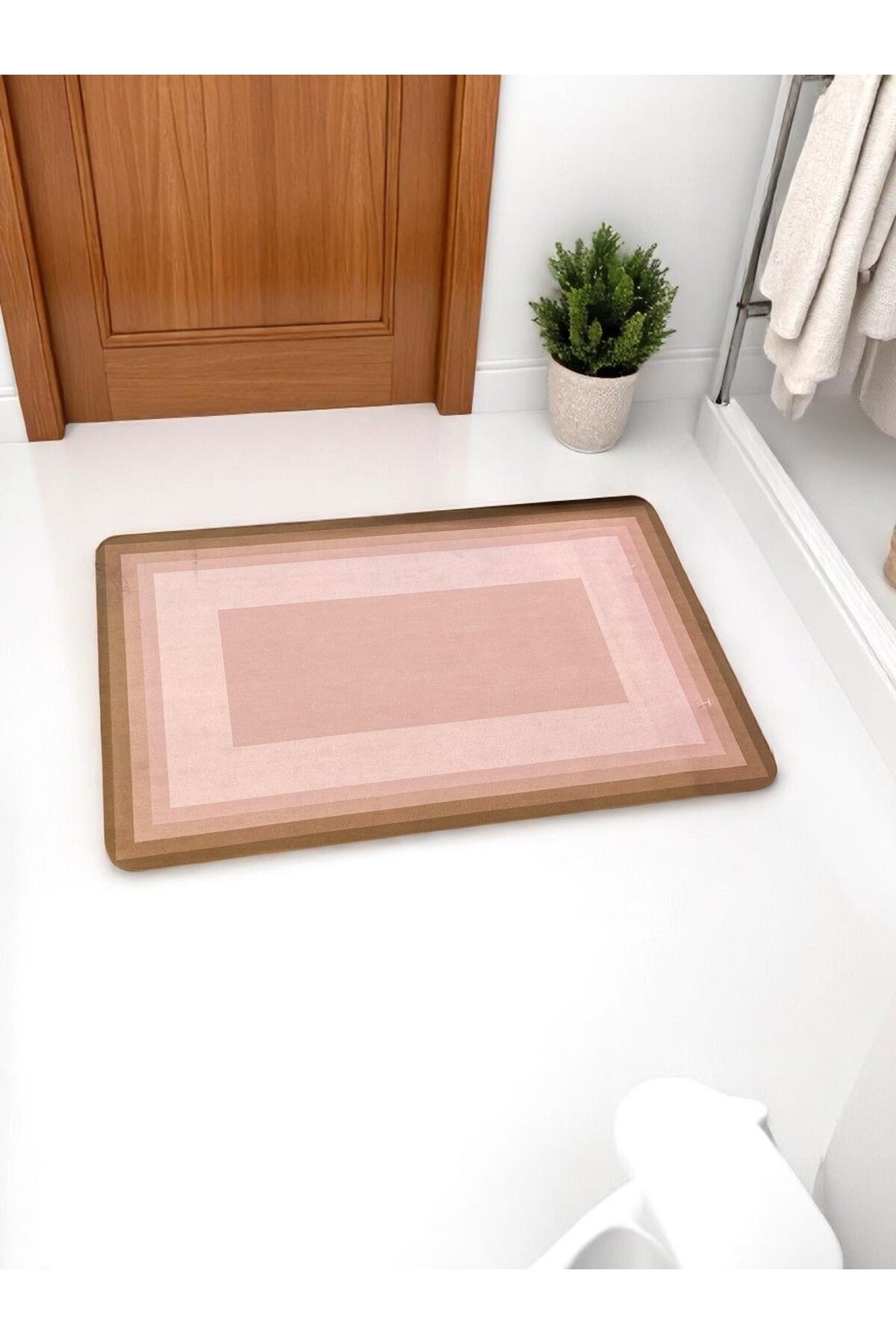 M HOME Kaymaz Tabanlı Dekoratif Banyo Paspası - Pembe Kahve Tonları - 60x90 cm