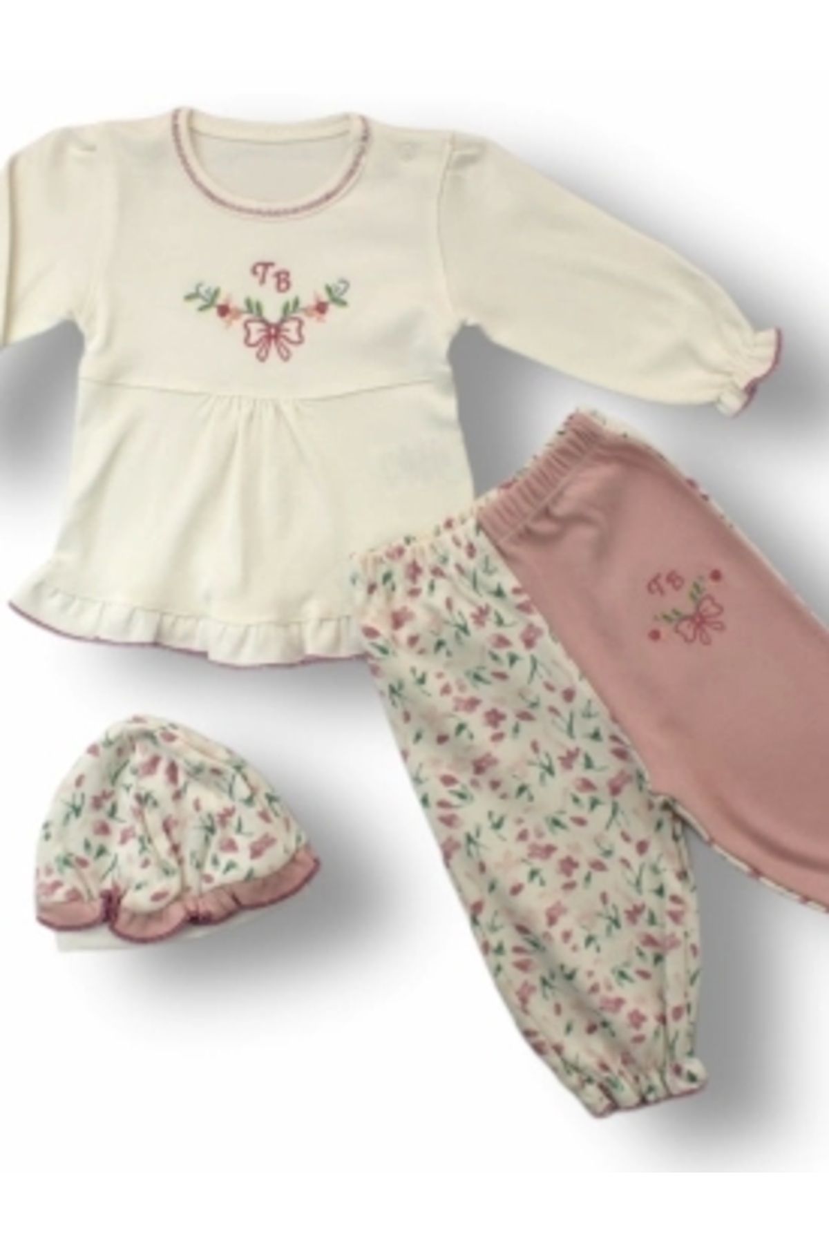 Diji Baby 3-6 6-9 9-12 Ay Tb Çiçek Nakışlı Şapkalı Uzun Kollu Sweatli 3lü Kız Bebek Takımı