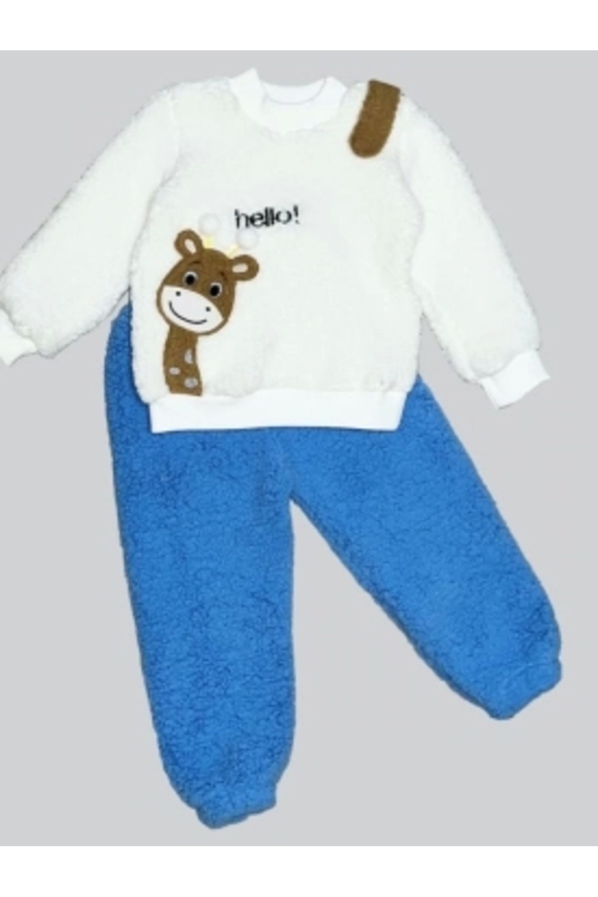 Diji Baby 1-2-3 Yaş Hello Zürafa Nakışlı Kuzu Kumaş Sweat Pantolon Uzun Kollu Kız Erkek 2 Li Takımı