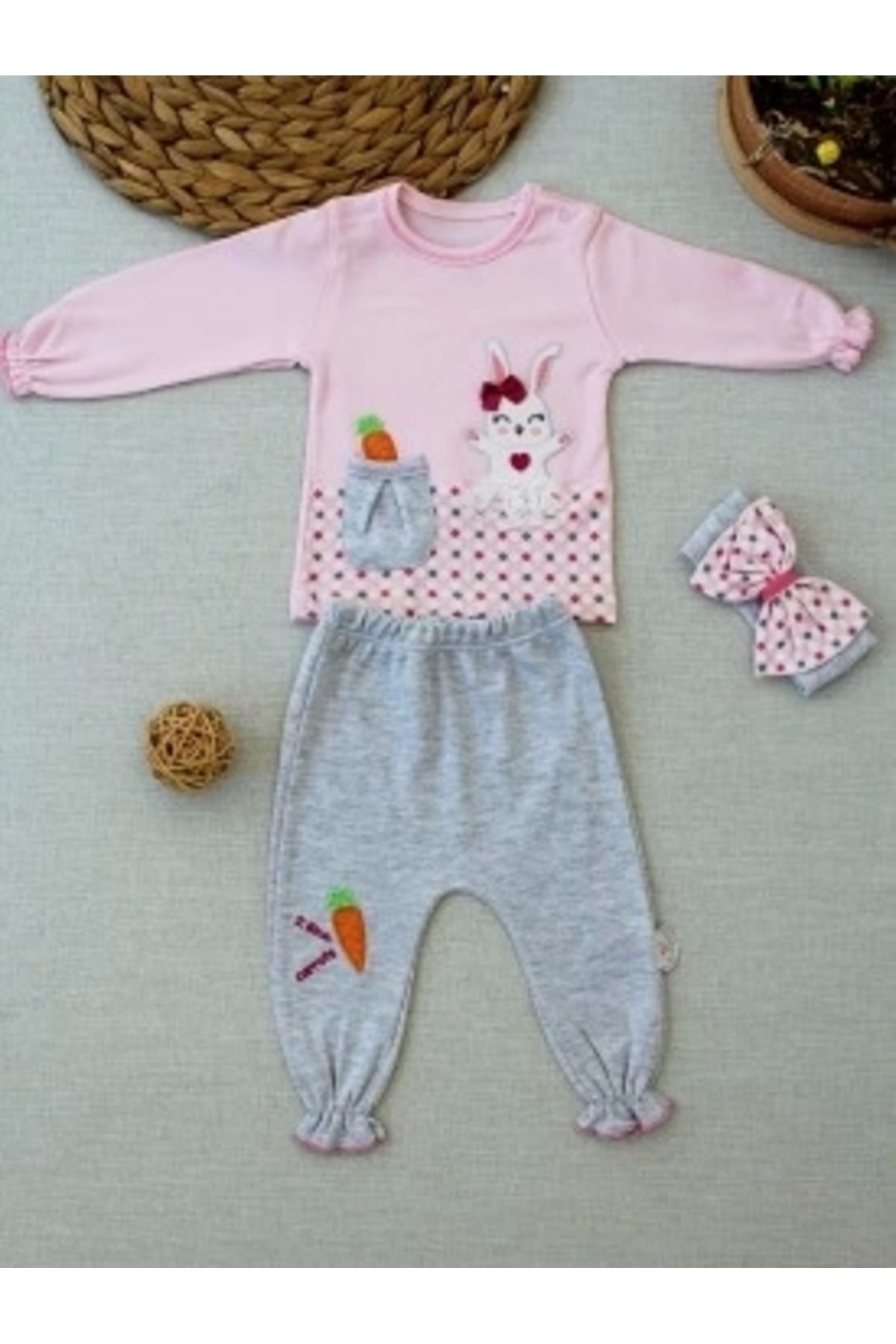 Diji Baby 3-6 9-12 12-18 Ay Havuç Tavşan Nakışlı Bandanalı Cepli Uzun Kollu Sweatli 3lü Kız Bebek Tak