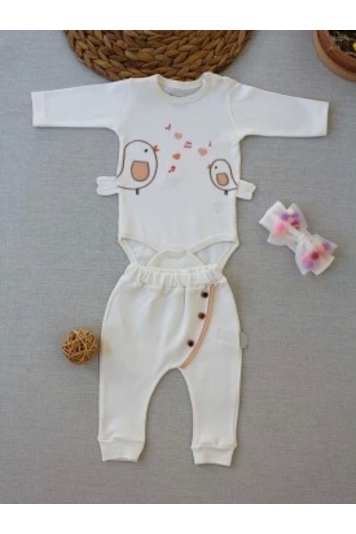 Diji Baby 3-6 6-9 9-12 Ay Şarkıcı Kuşlar Nakışlı Bandanalı Uzun Kollu Zıbınlı 3lü Kız Bebek Takımı