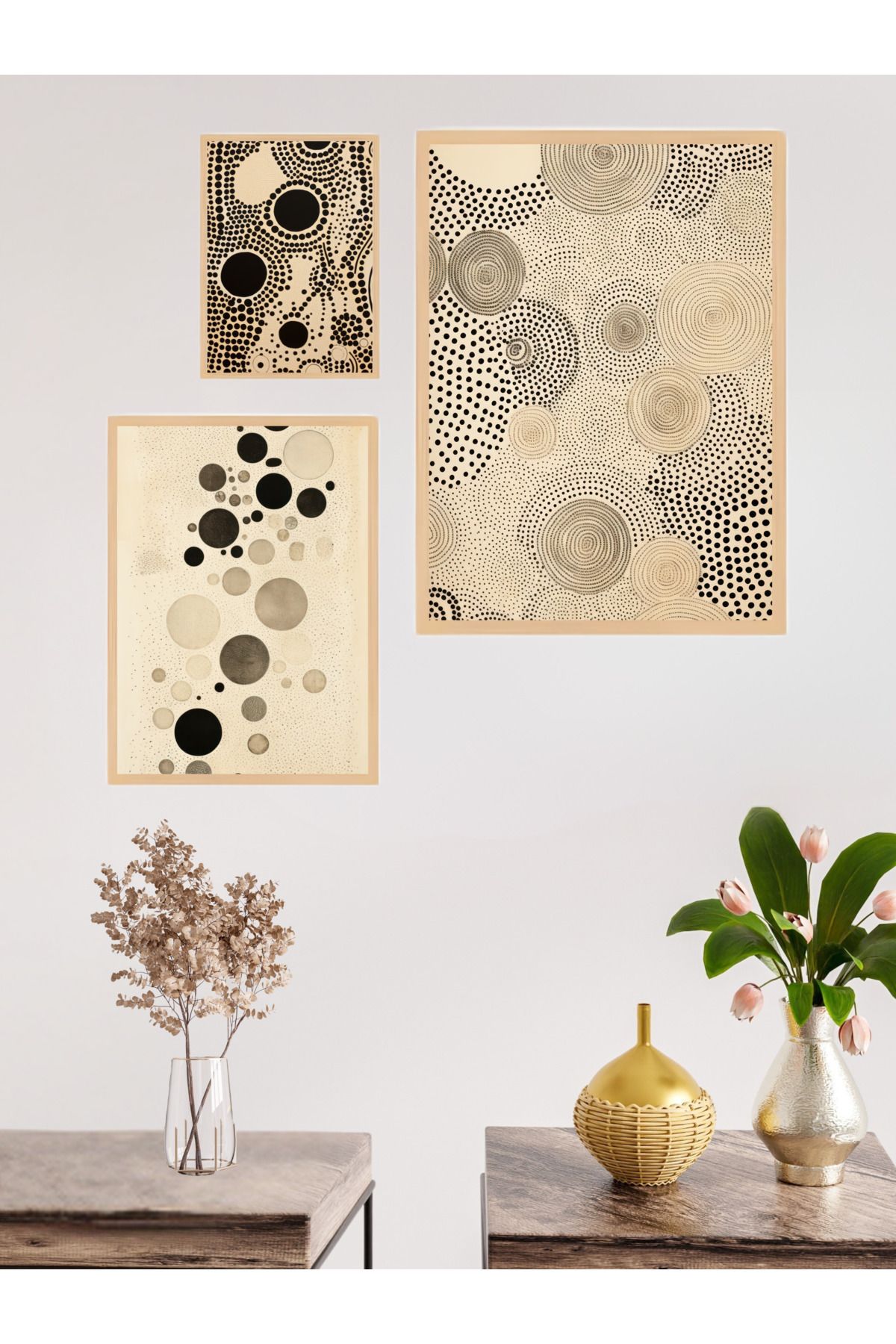 woodhomeworks 3'lü Set Doğal Ahşap çerçeveli tablo seti