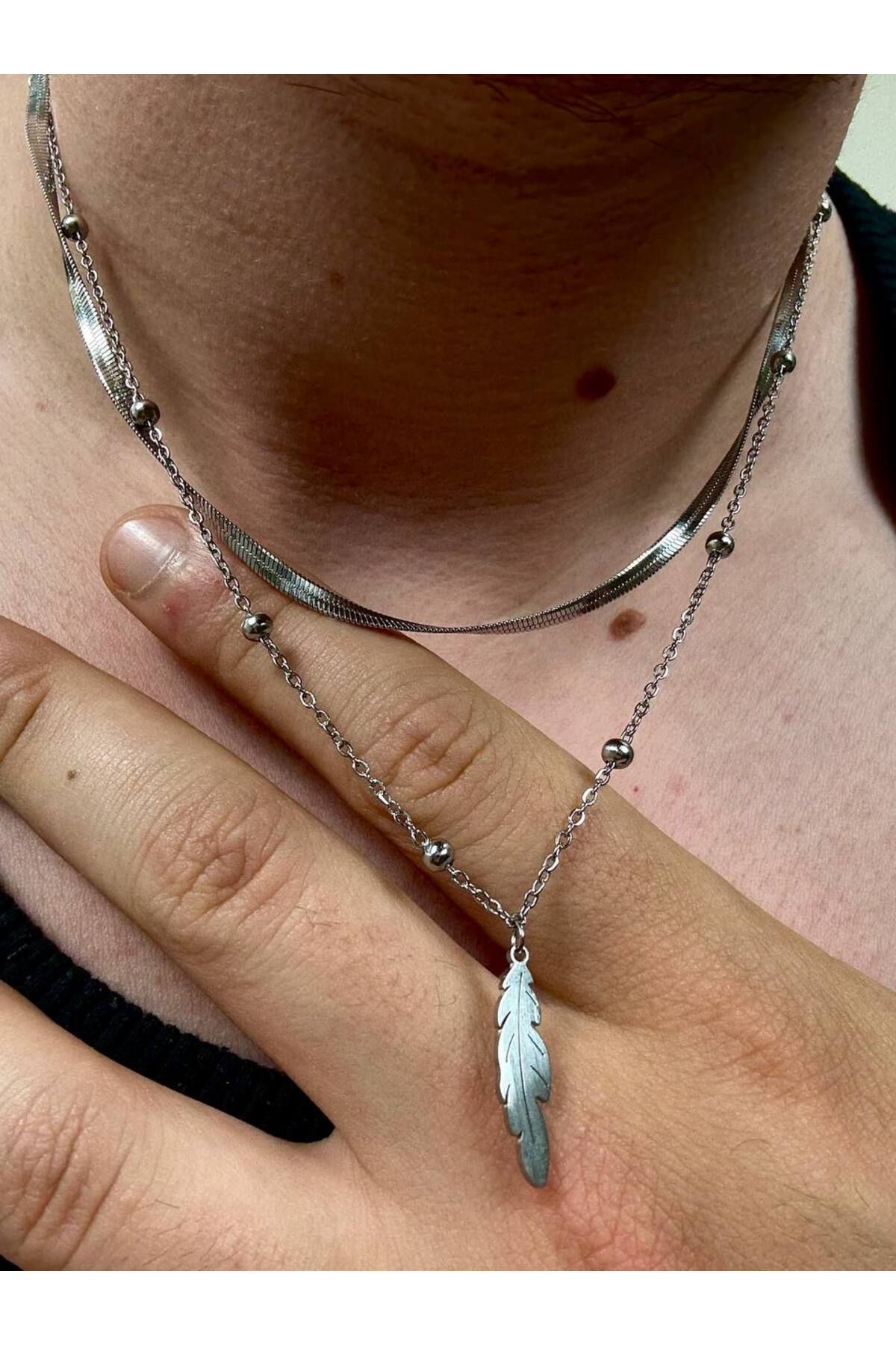 Arvens İki Zincir Yaprak Kolye Silver Erkek Paslanmaz Çelik Kadın Suya Dayanıklı Unısex Parlak Yüzey