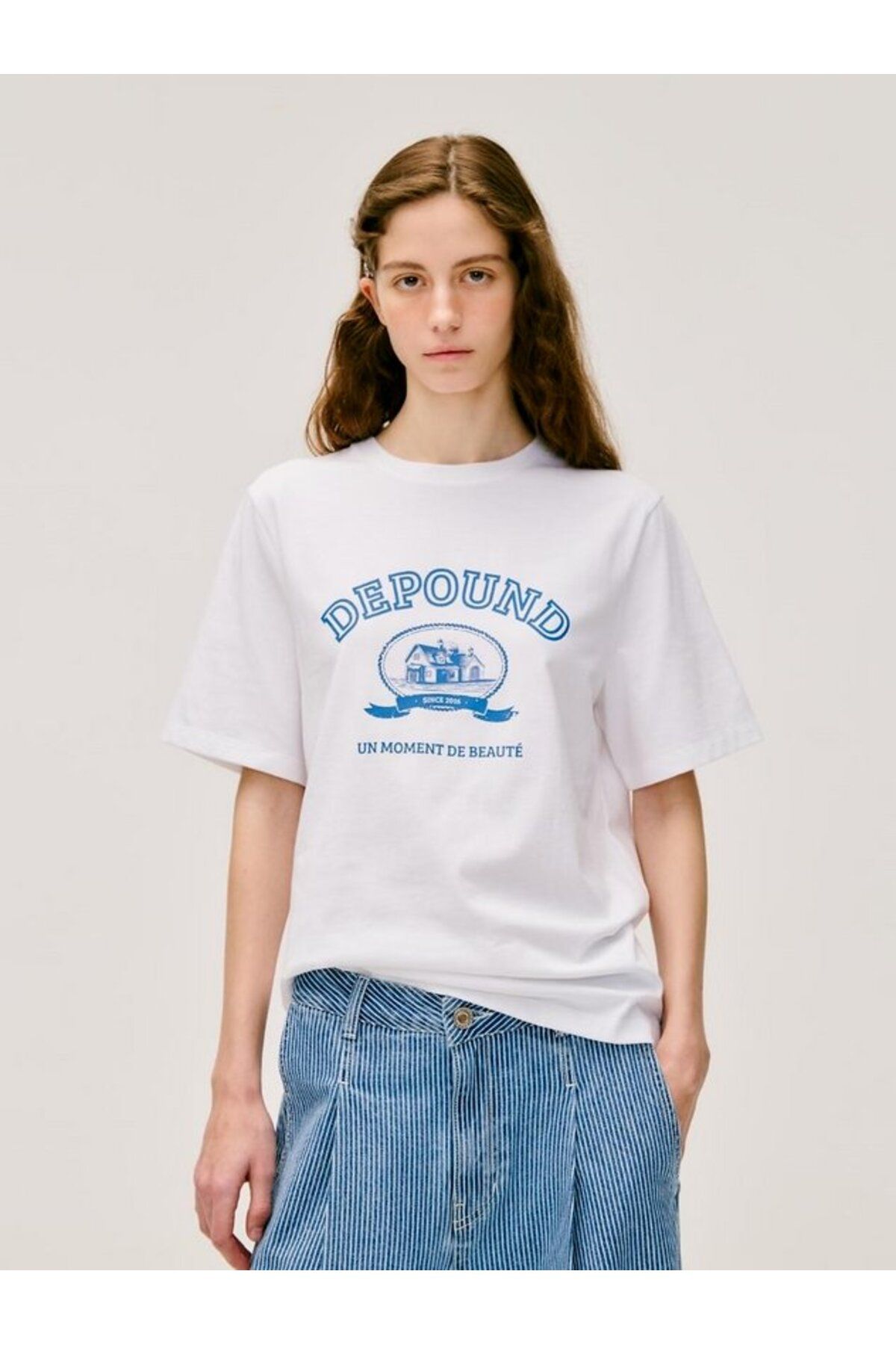 ELNOYA Unisex Pamuklu Beyaz Oversize "Depond" Baskılı Minimalist Bisiklet Yaka Rahat T-shirt