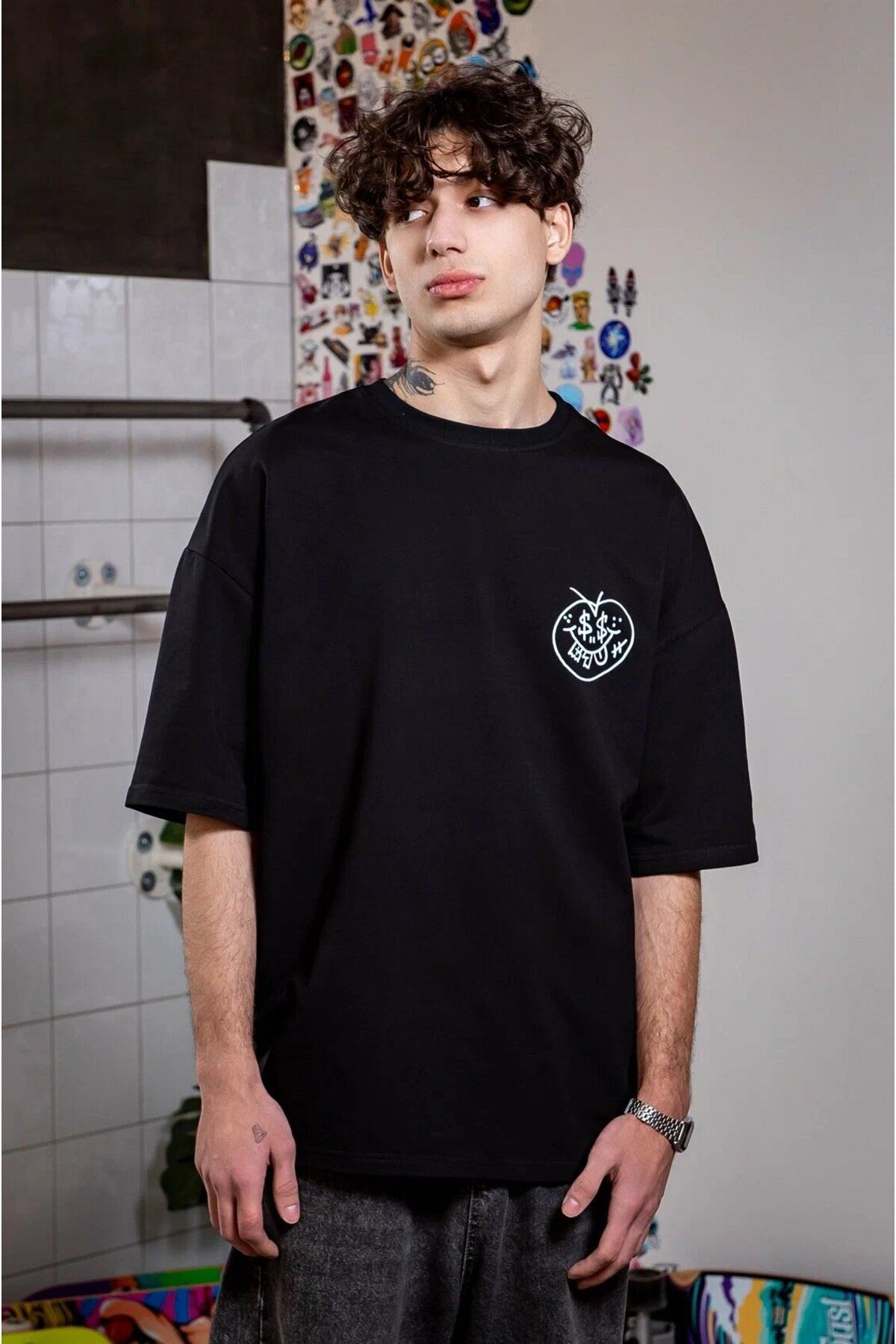 ELNOYA Unisex Pamuklu Siyah Oversize "Kabak" Baskılı Bisiklet Yaka Rahat T-shirt