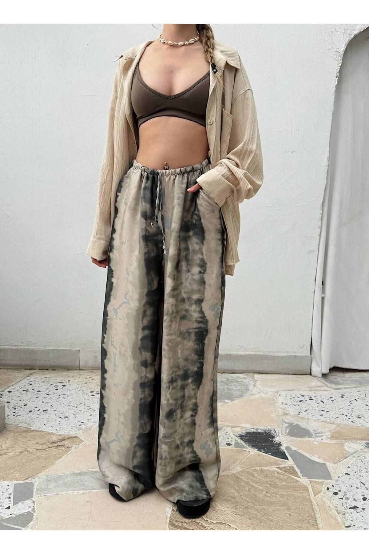 İLKCET MODA Desenli Saten Oversize Bol Pantolon