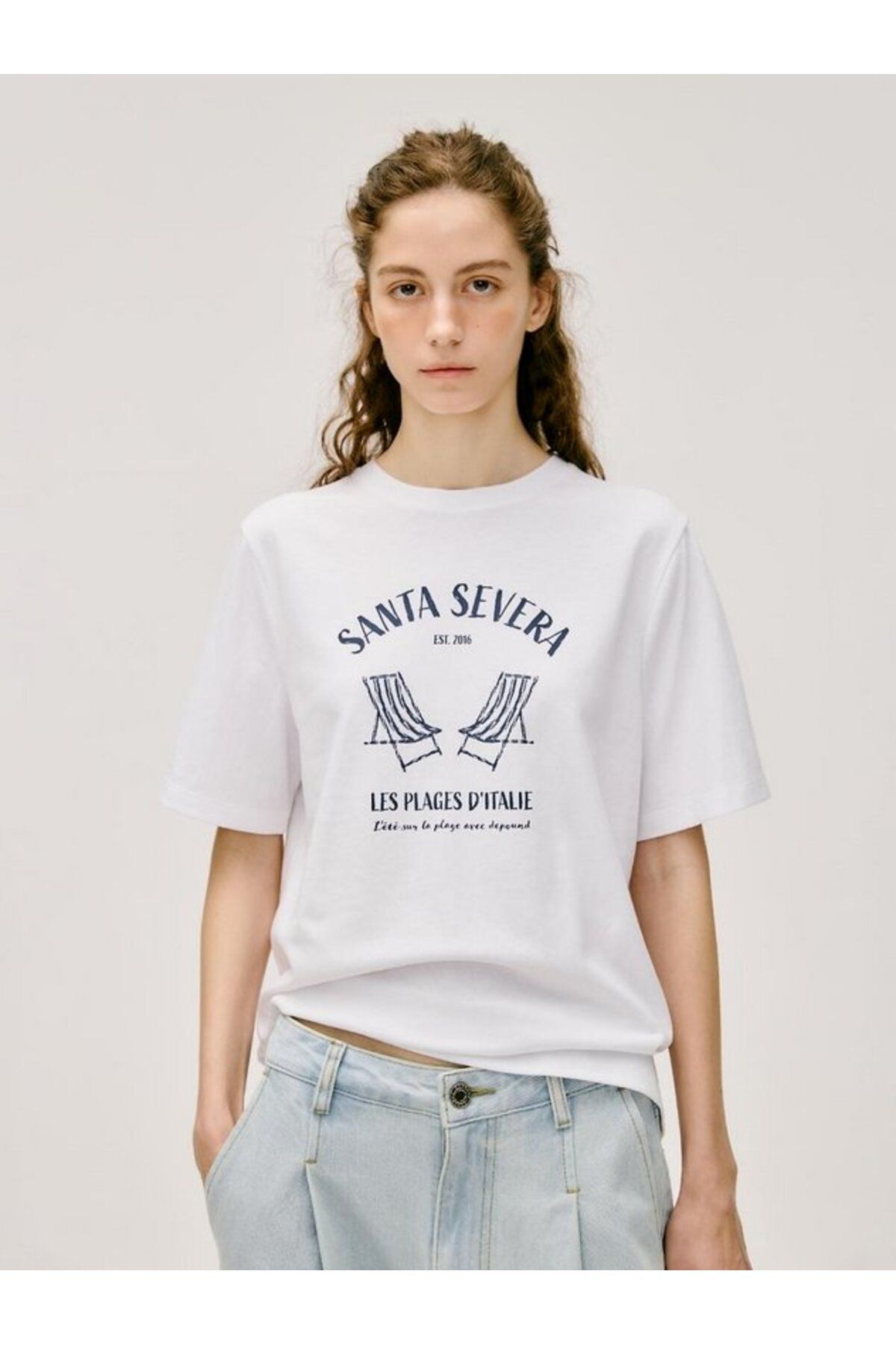 ELNOYA Unisex Pamuklu Beyaz Oversize "Santa Severa" Baskılı Bisiklet Yaka Rahat T-shirt