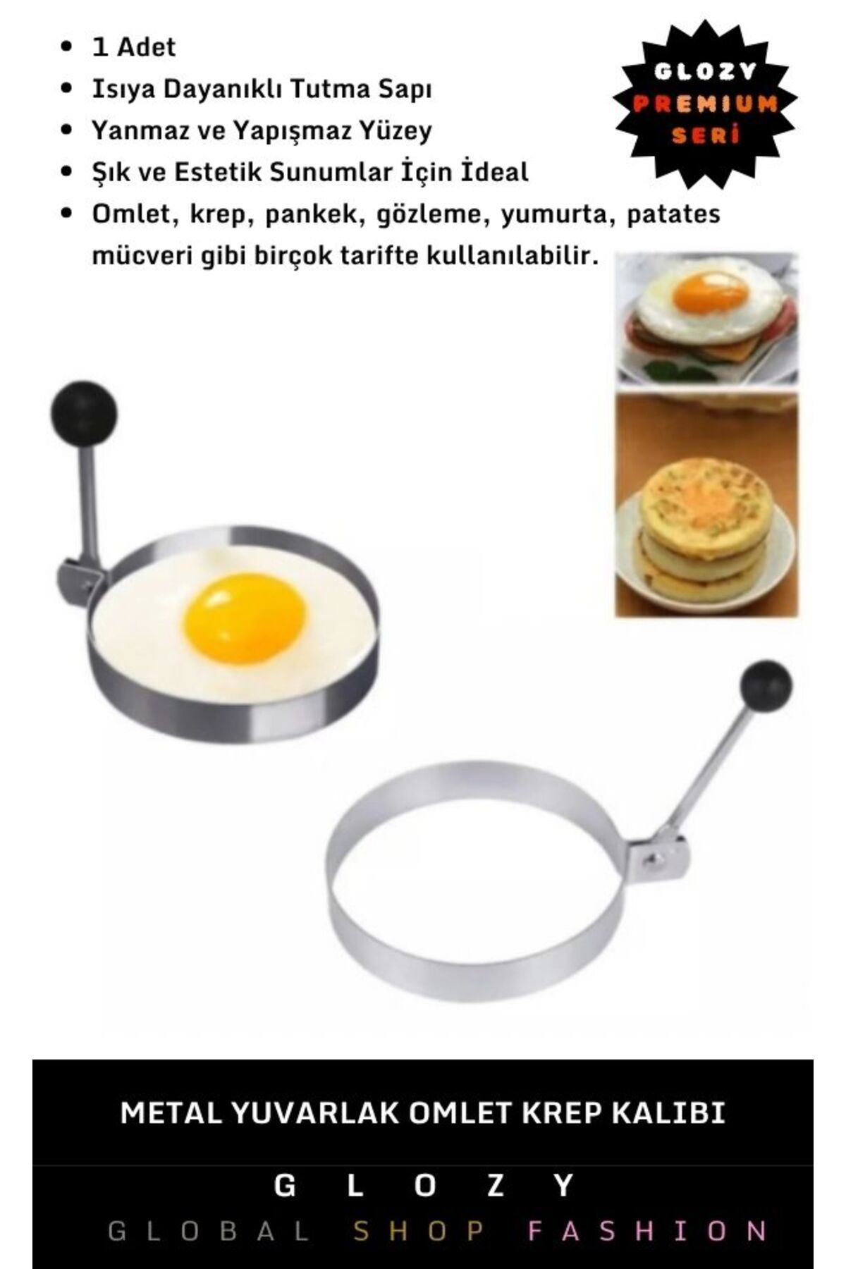 GLOZY Premium Seri Pratik Yuvarlak Kahvaltı Brunch İçin Yanmaz Yapışmaz Şık Sunum Metal Omlet Krep Kalıbı