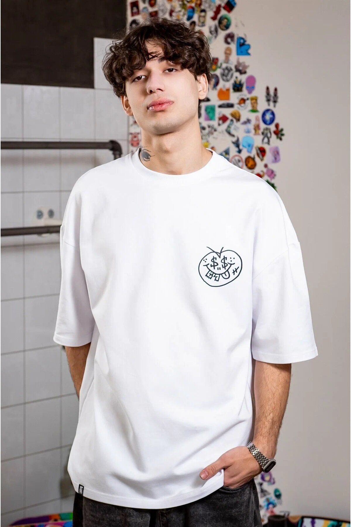 ELNOYA Unisex Pamuklu Beyaz Oversize "Kabak" Baskılı Bisiklet Yaka Rahat T-shirt