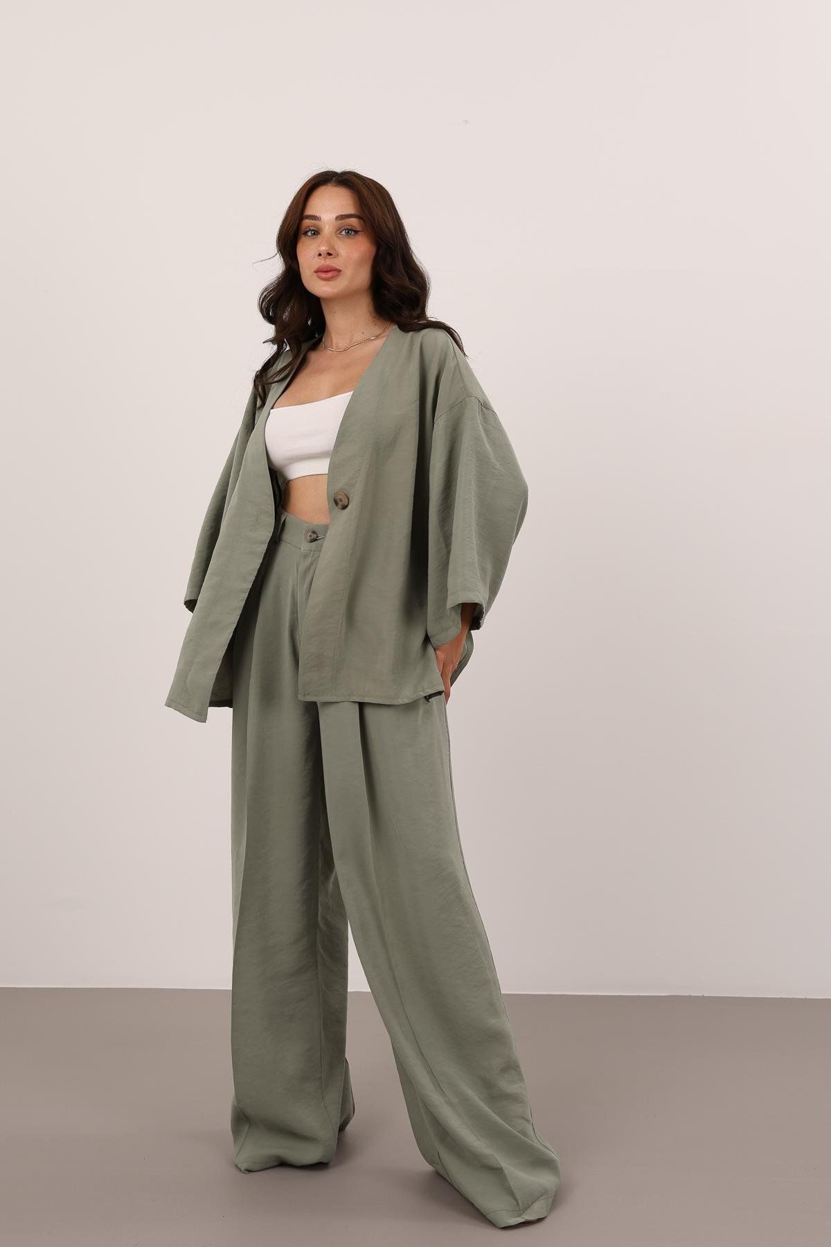FACETTE Kadın Yeşil Tek Düğme Bluz Pantolon Takım