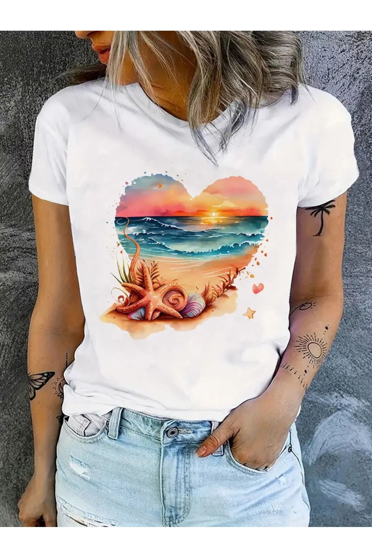 DUBU BUTİK Plaj Kalp Baskılı Beyaz Pamuklu T-Shirt - Oversize Bisiklet Yaka Kısa Kol Tişört