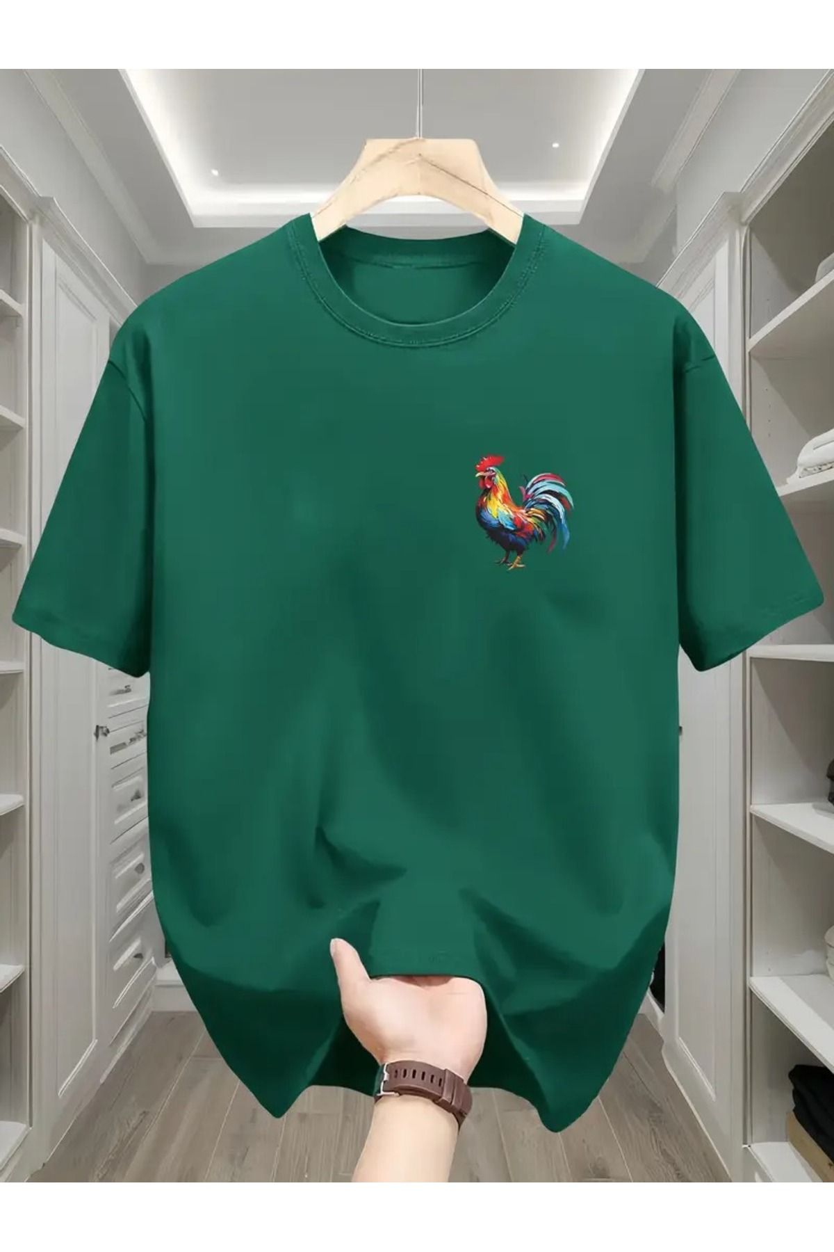 Sweetline Horoz Baskılı Nefti Pamuklu T-Shirt - Oversize Bisiklet Yaka Kısa Kol Tişört