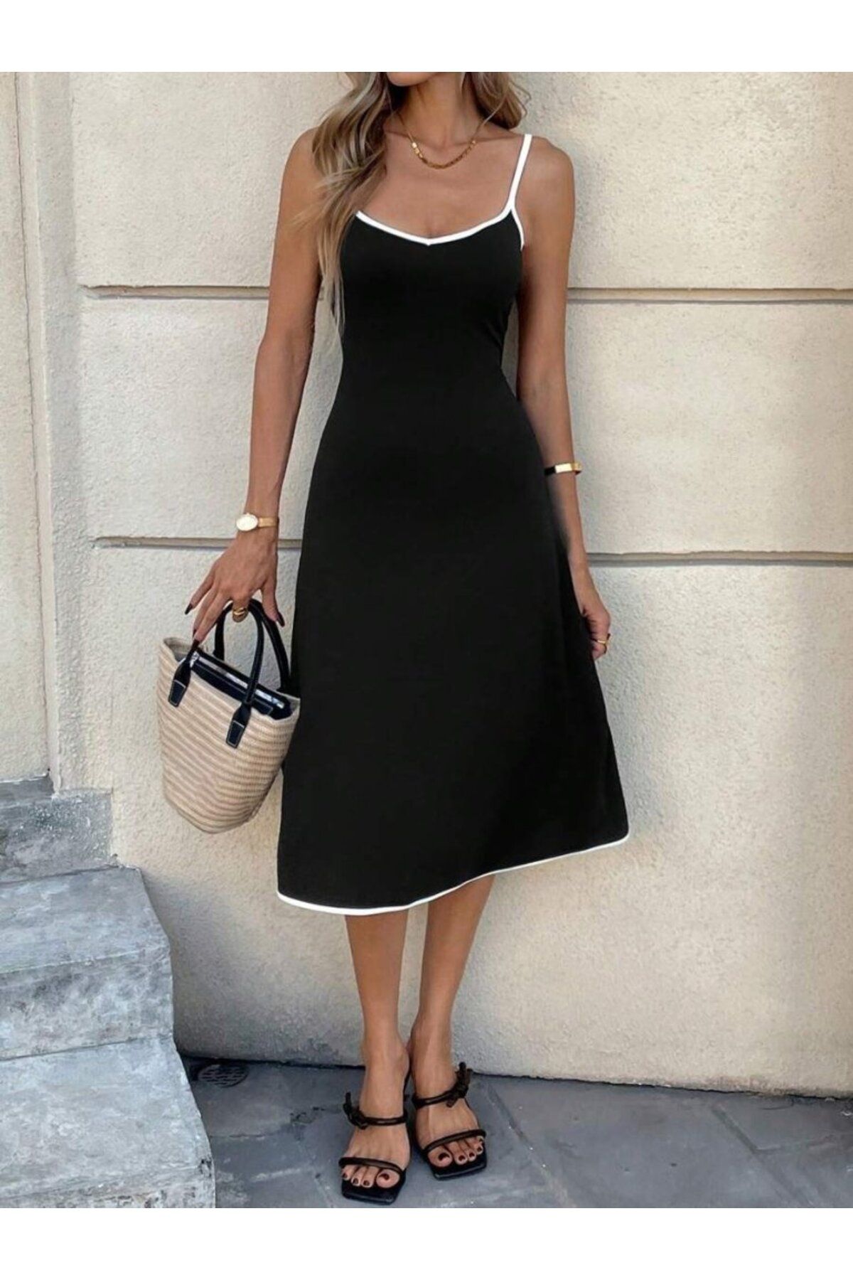 velmorafashion Kadın Ip Askılı Geniş V Yakalı Midi Janjan Krep Elbise