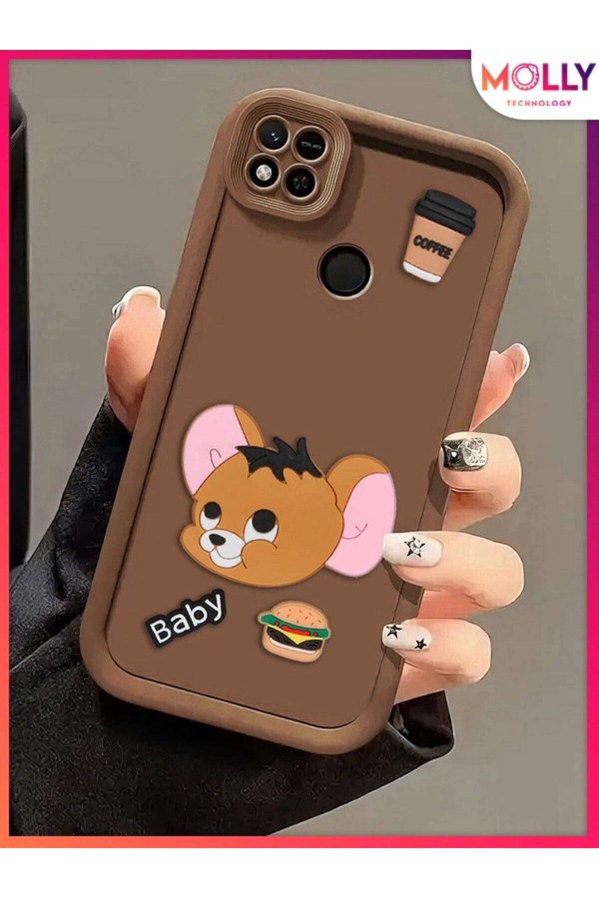Molly Xiaomi Redmi 9C Için Fallow Brown Kenarları Kalın 3d Kabartmalı Baby Jerry Silikon Kılıf