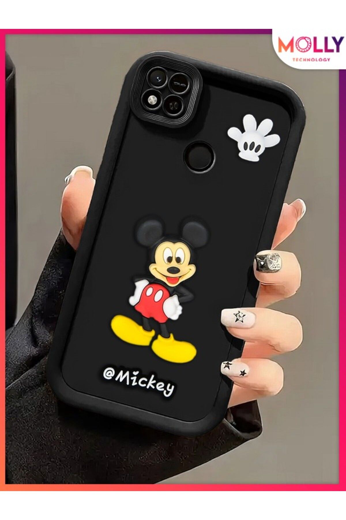 Molly Xiaomi Redmi 9C Için Siyah Kenarları Kalın 3d Kabartmalı Mickey Silikon Kılıf