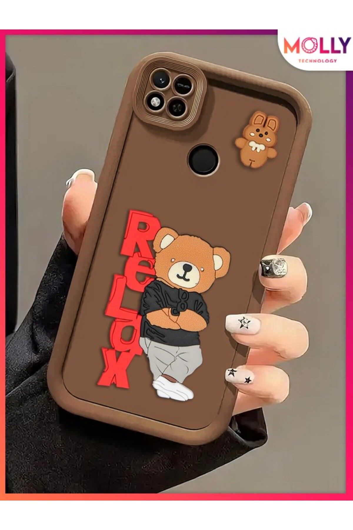 Molly Xiaomi Redmi 9C İçin Fallow Brown Kenarları Kalın 3d Kabartmalı Teddy Bear Silikon Kılıf
