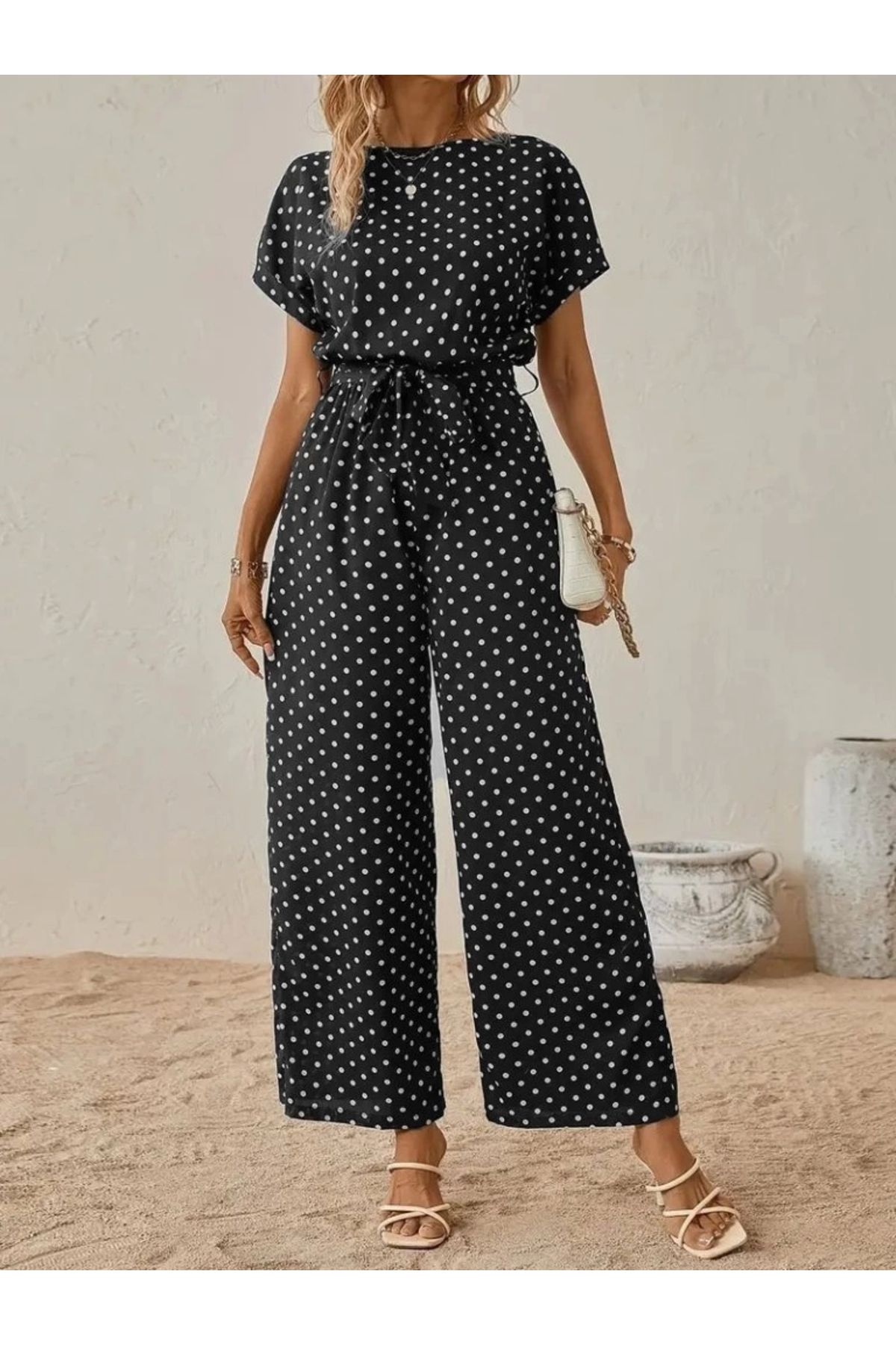 Butik Kadın Kısa Kollu Kayık Yaka Belden Kuşaklı örme Krep Tulum