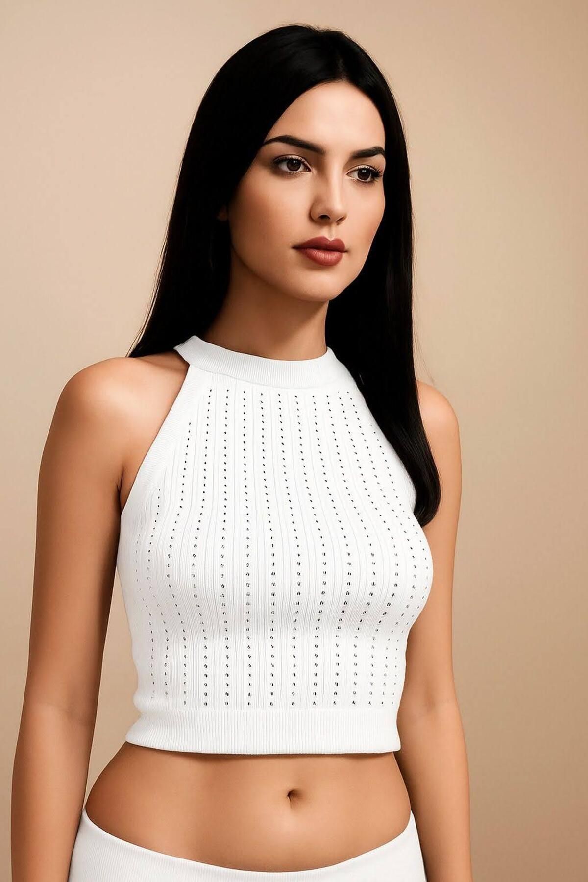 Mayer Butik Taş Baskılı Beyaz Crop