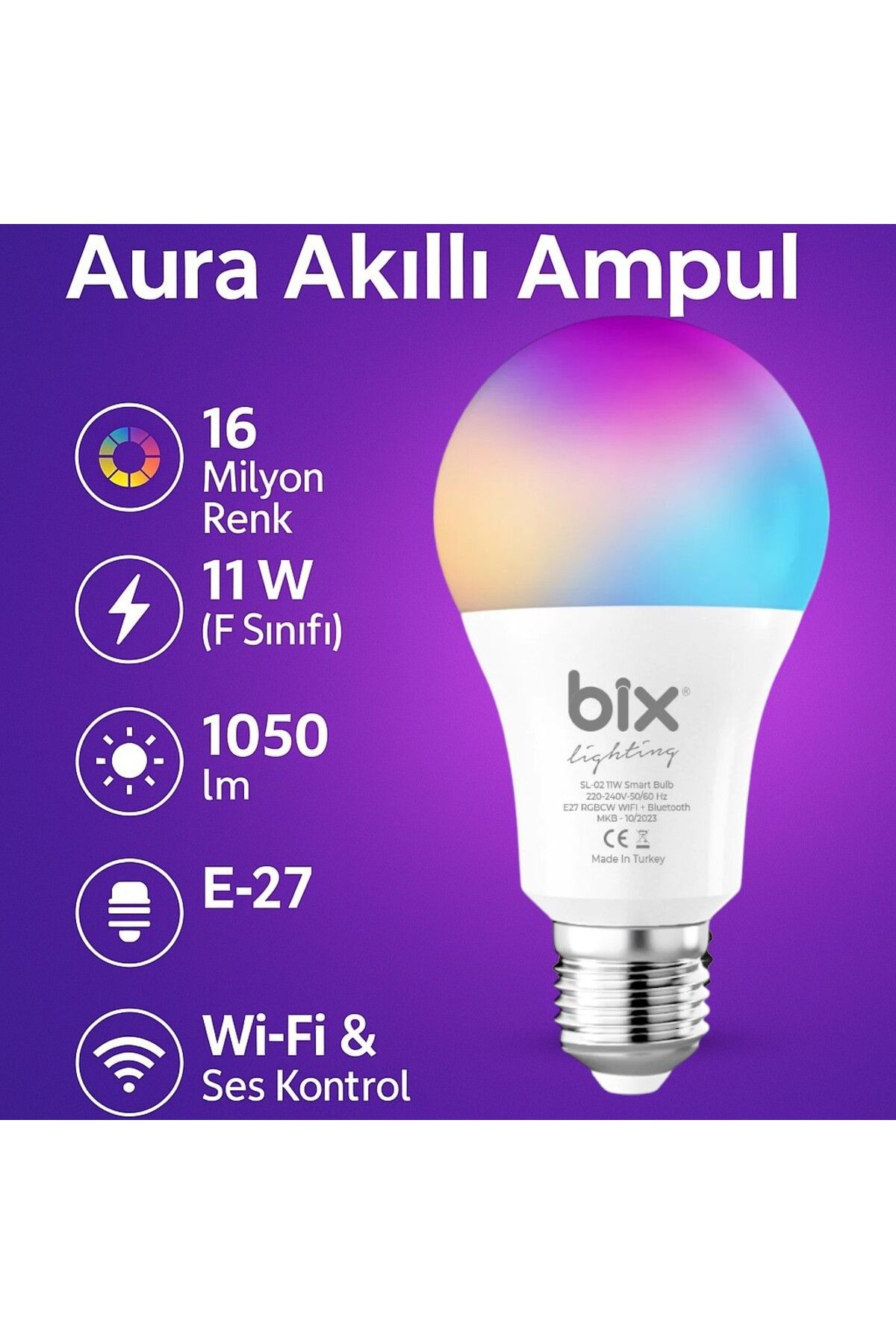 Kılıforyum Akıllı Ampul RGB Wi-Fi + Bluetooth | E27 Duy | 1050 Lümen | 11W | Uygulama & Ses Kontrollü