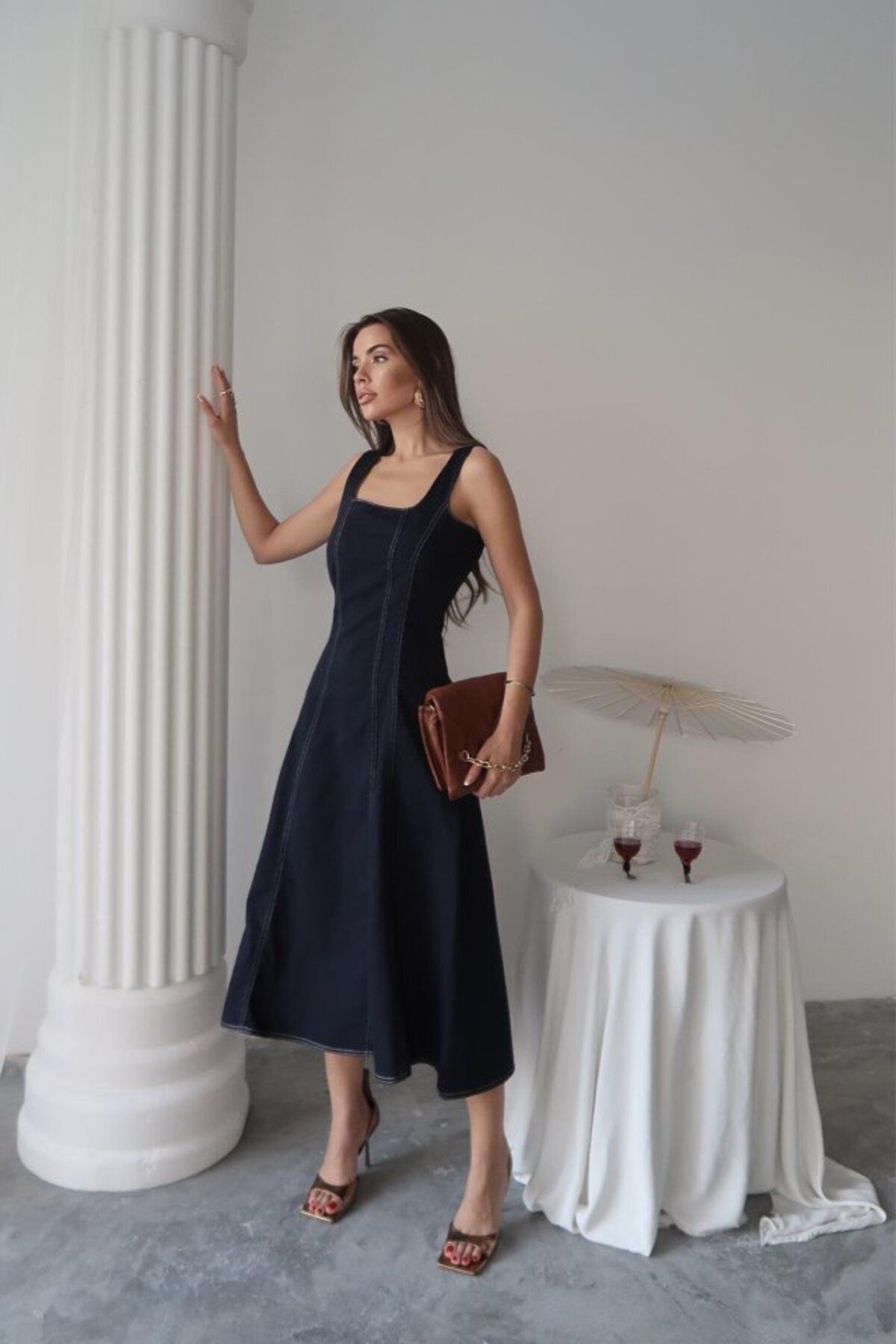 Aydoganticaret44 Lacivert Çift Dikişli Gabardin Elbise