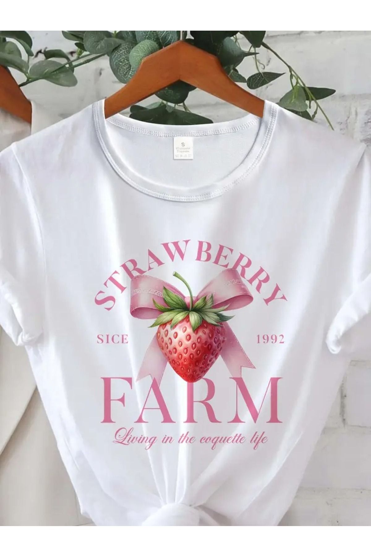CLAYES Strawberry Farm Baskılı Beyaz Pamuklu T-Shirt - Oversize Bisiklet Yaka Tişört