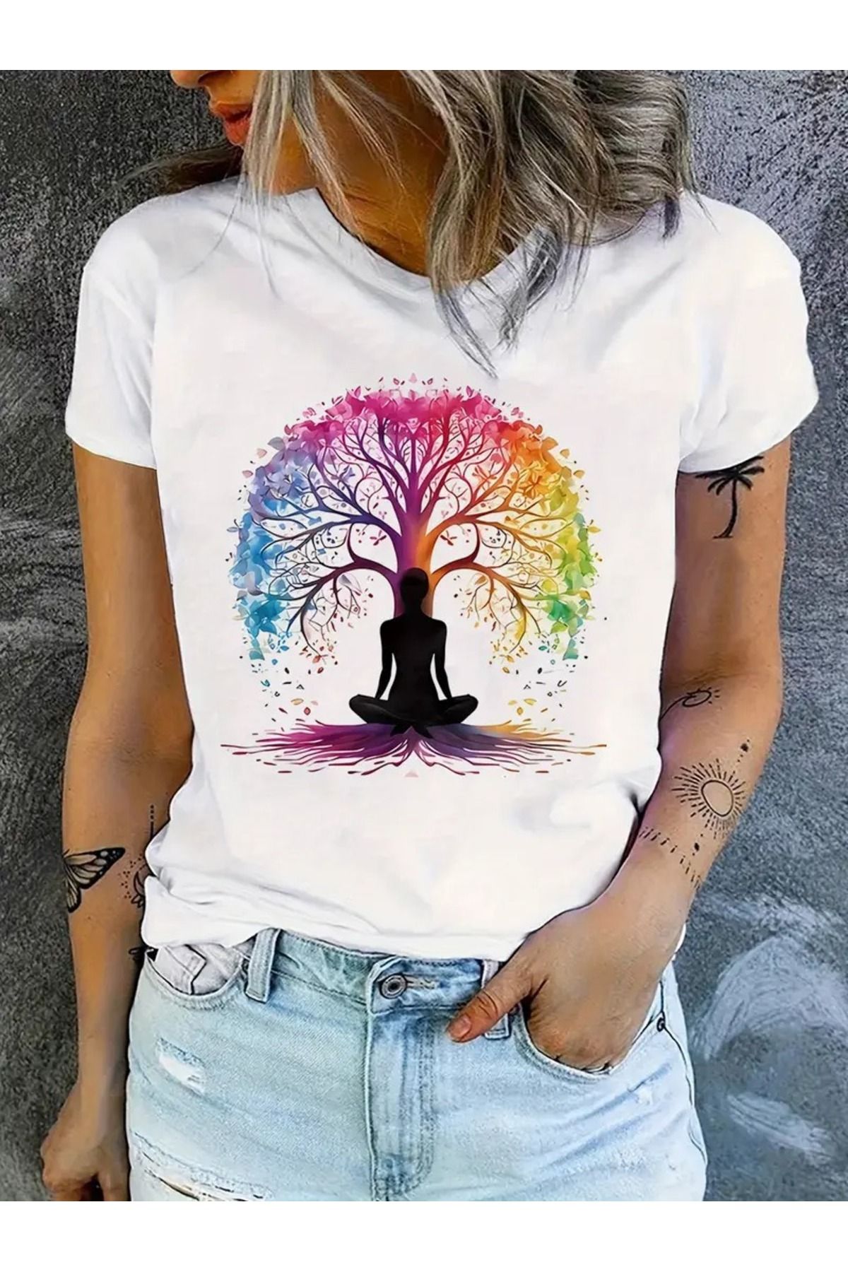 CLAYES Yoga Ağacı Baskılı Beyaz Pamuklu T-Shirt - Oversize Bisiklet Yaka Kısa Kol Tişört