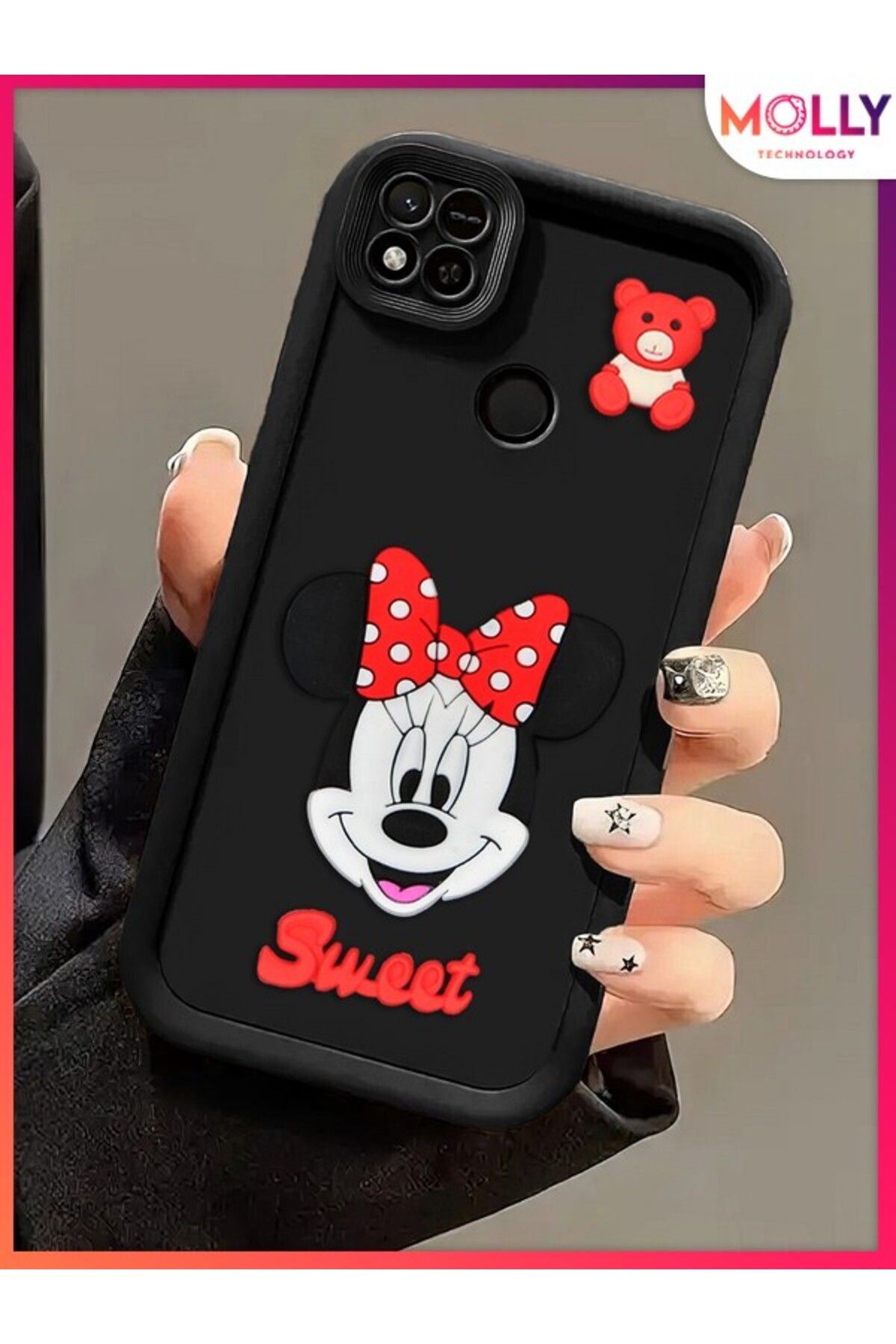 Molly Xiaomi Redmi 9C Için Siyah Kenarları Kalın 3d Kabartmalı Sevimli Minnie Silikon Kılıf