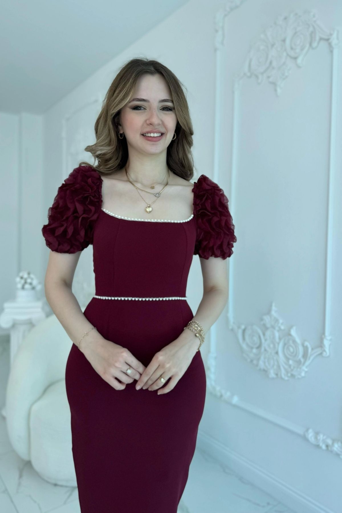 HELİS BUTİK Kol Detaylı Bordo Midi Boy Elbise