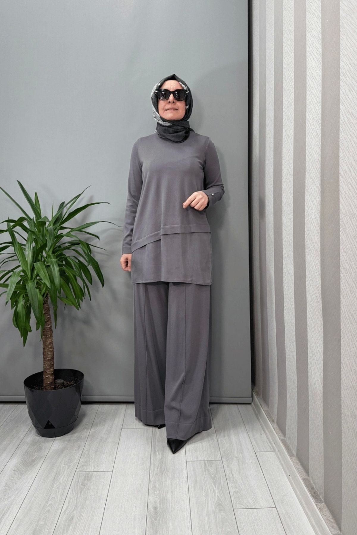MISS DALIDA Etek Ucu Cupro Asimetrik Kesim Triko Tunik Antrasit T25Y-6009