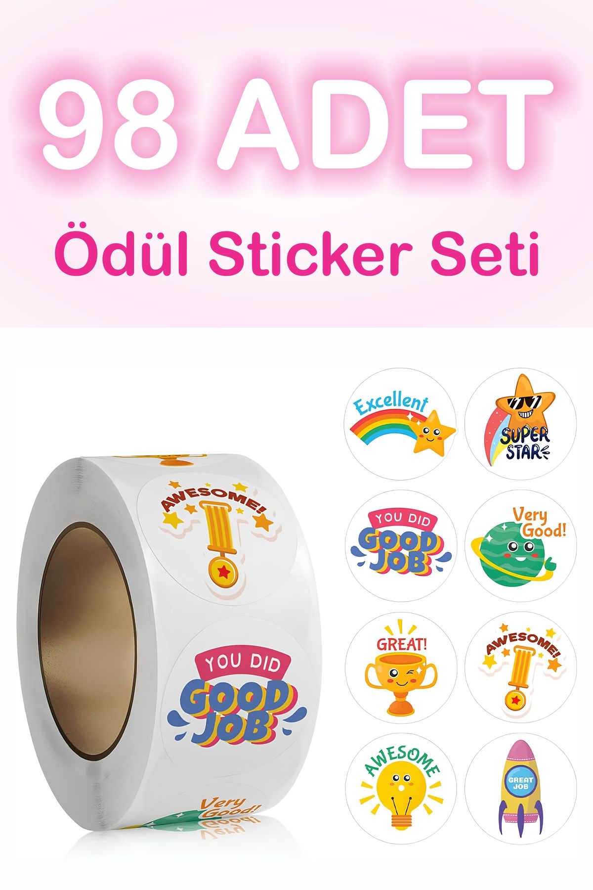 Grafikup 98 Adet Ödül Sticker - 3 cm 98 Adet Öğrenciler İçin Ödüllendirici Etiket Seti