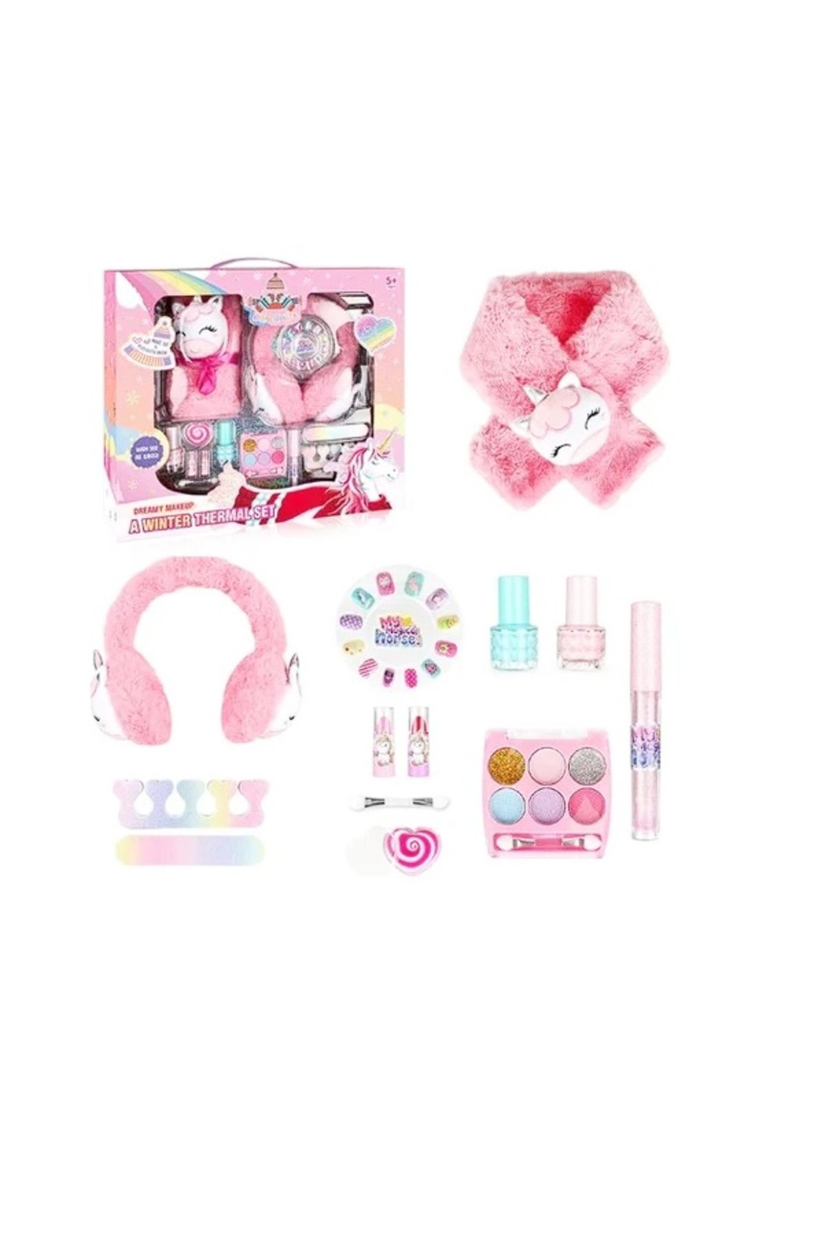 Bloomie's Kış Temalı Peluş Kulaklıklı ve Atkılı Unicorn Makyaj Güzellik Seti ve Çocuk Makyaj Malzemeleri