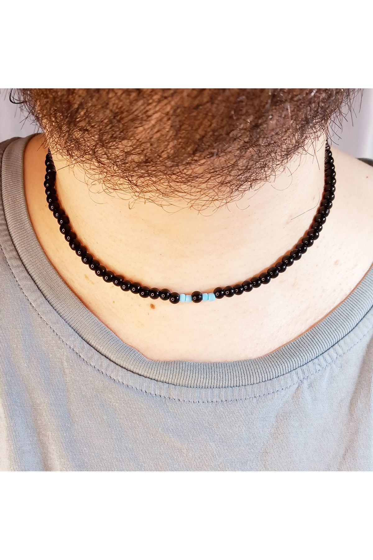 Crystal Atelier Siyah Cam İnci Dizgi Mavi Kum Boncuklu Gümüş Kaplama Zincir Kolye-Unisex Siyah İnci Detaylı Kolye