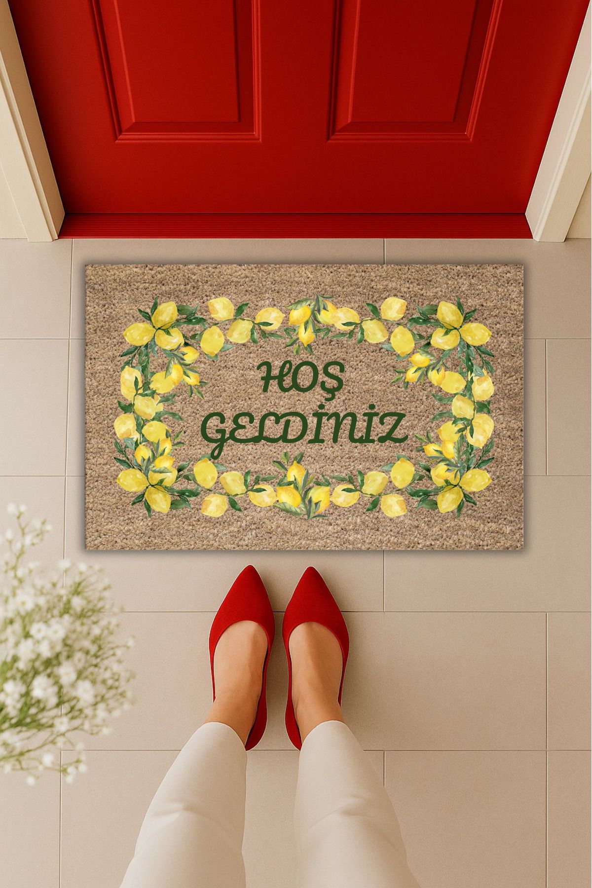 Dormot Home Yüksek Kaliteli Dijital Baskı Bej Limon Çerçeve Detaylı Paspas Kapı Önü Paspası