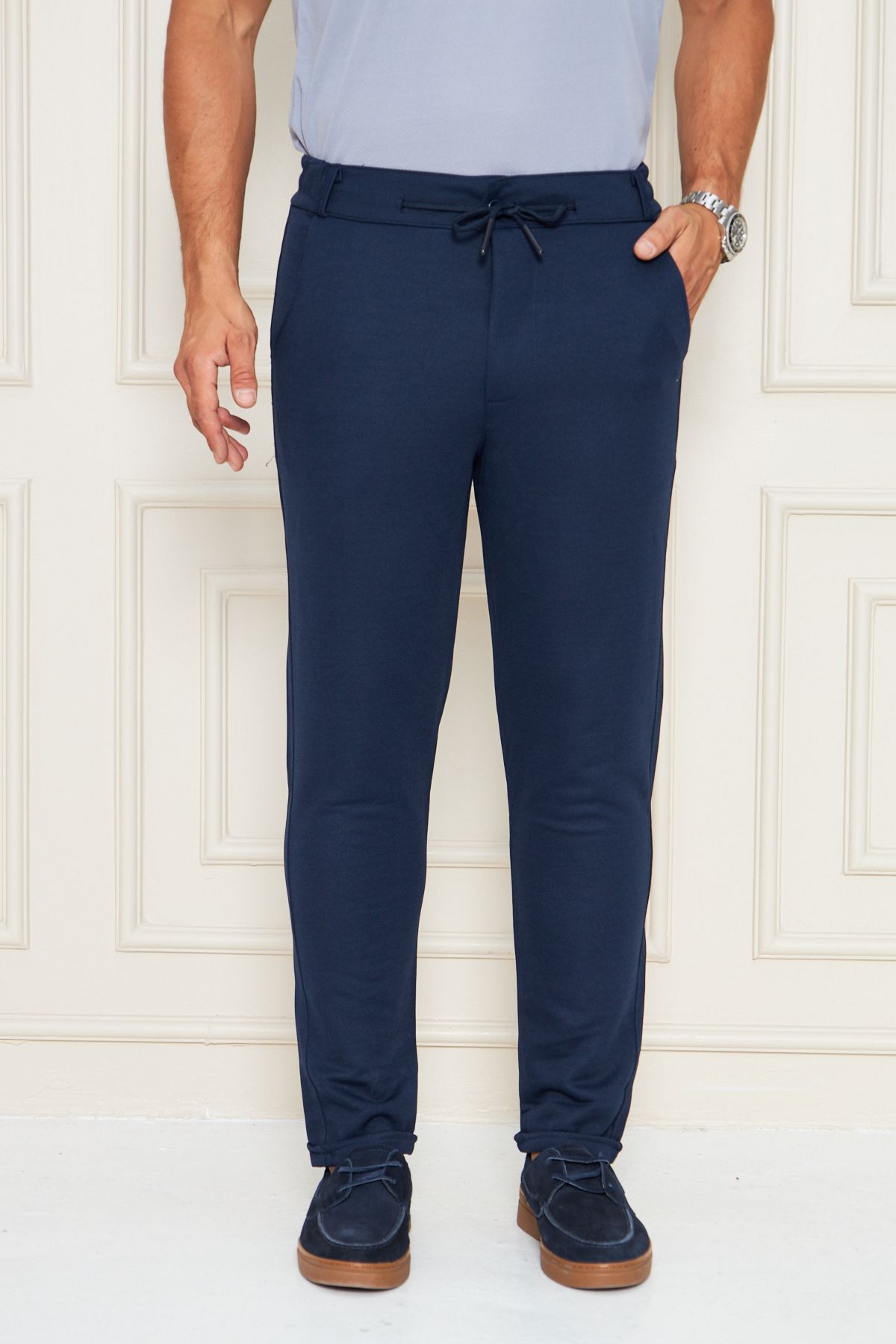 RAKİP Erkek Çizgili Jogger Pantolon Slim Fit Kesim Beli Bağlamalı Yan Cepli Yarım Kemer Pantolon Rakip