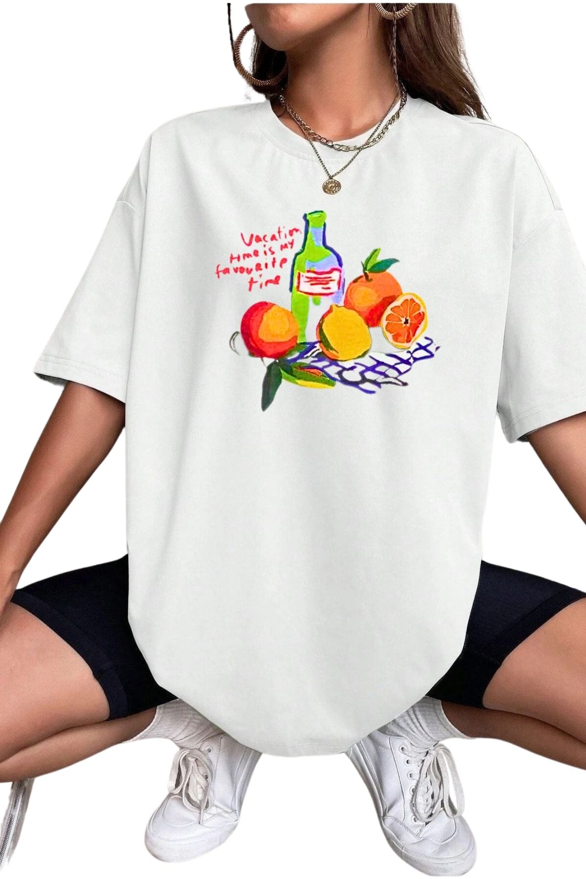 Sweetline Vocation Time Baskılı Beyaz Pamuklu T-Shirt - Oversize Bisiklet Yaka Tişört
