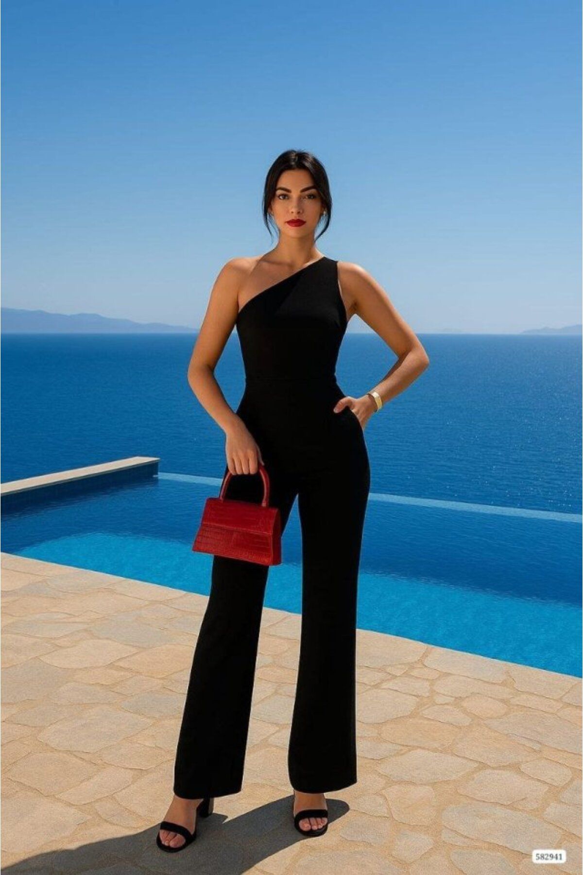 Aydoganticaret44 Kadın Tek Omuz Acık Detaylı Scuba Tulum Elbise