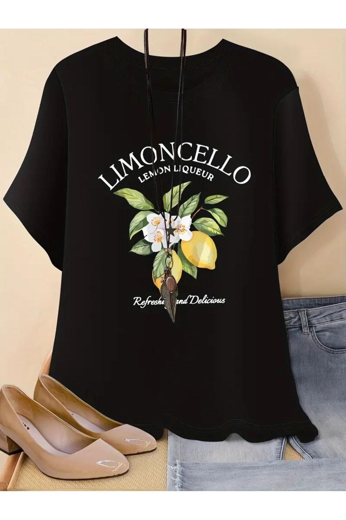 VBSVİBES Limon Cello Baskılı Siyah Pamuklu T-Shirt - Oversize Bisiklet Yaka Tişört