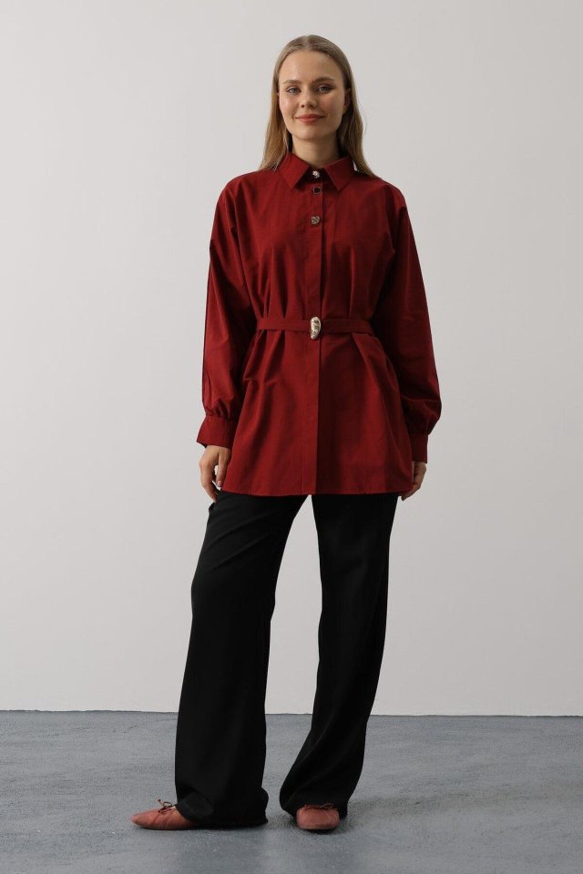 Kokosh moda Kuşak Detaylı Tunik Gömlek - Bordo