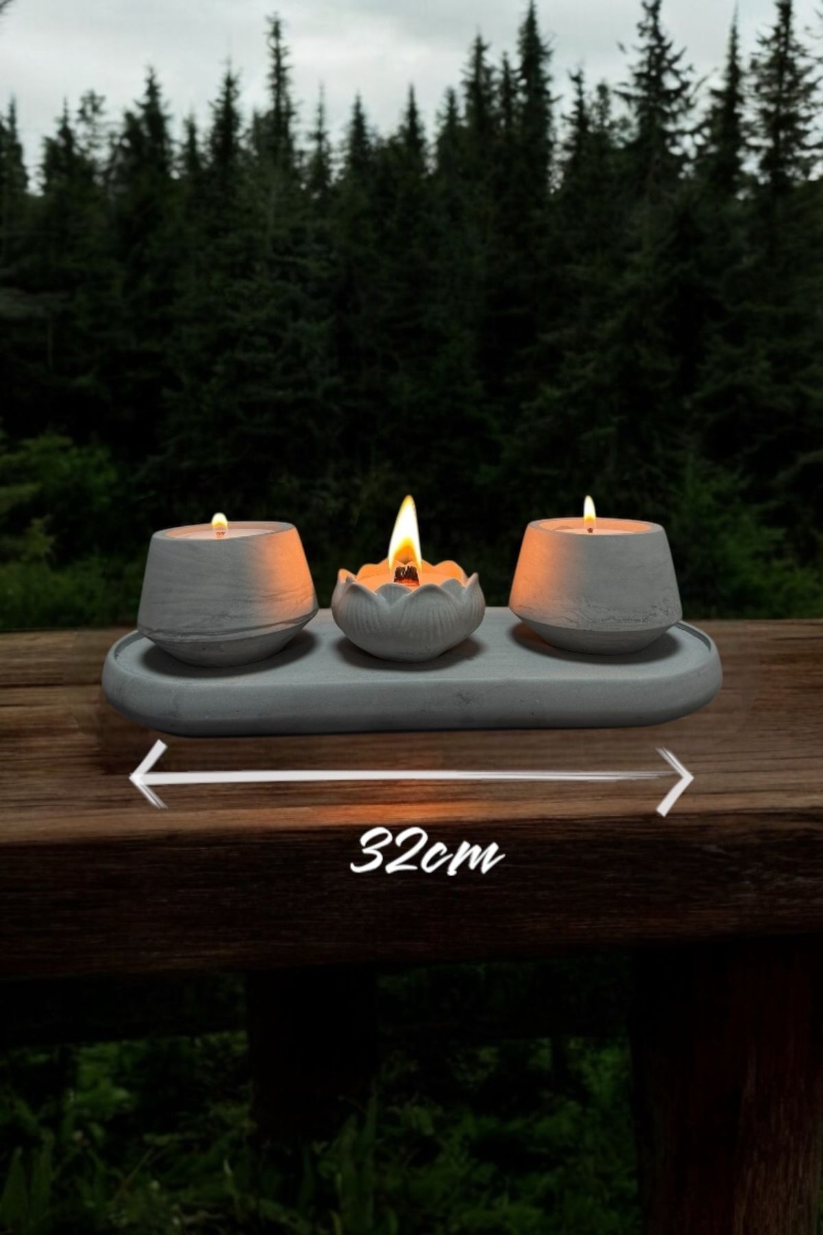 SIRENA EL YAPIMI SET GÜÇLENDİRİLMİŞ MALZEMEDEN LOTUS MUM, 2Lİ MUM, 32 CM SUNUM TABAĞI GRİ